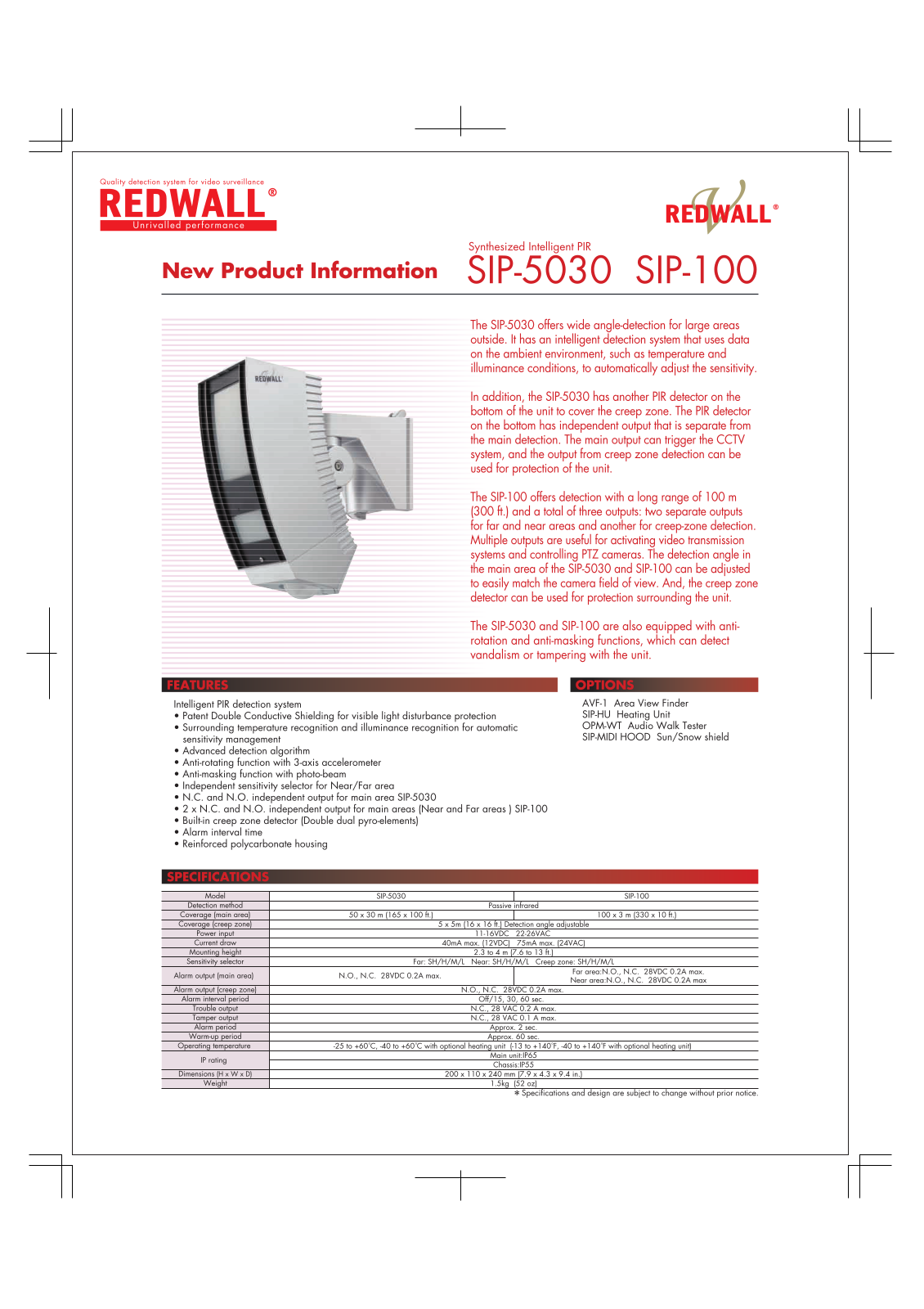 Optex SIP-100 Specsheet