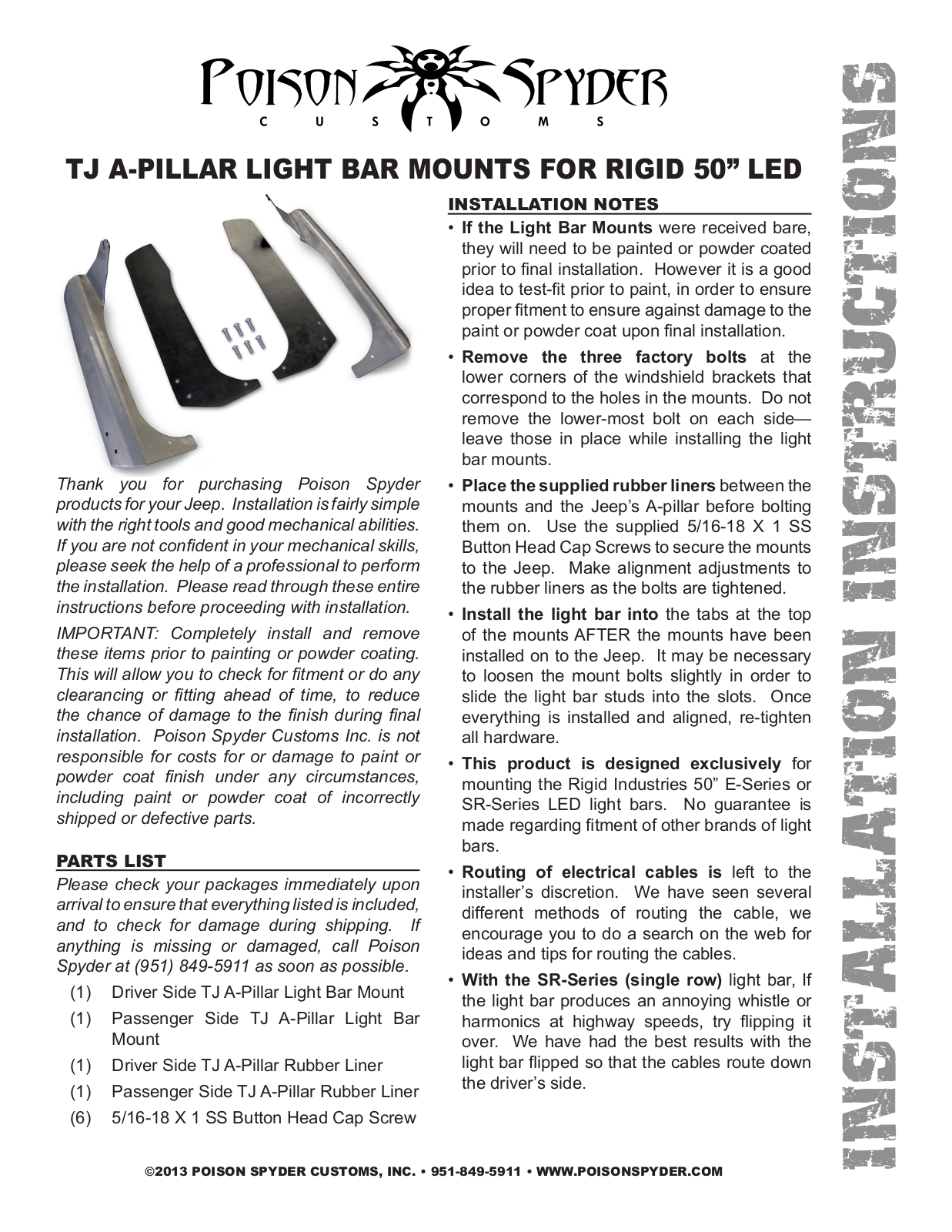 Poison Spyder TJ A-PILLAR LIGHT BAR MOUNTS FOR RIGID 50 LED User Manual