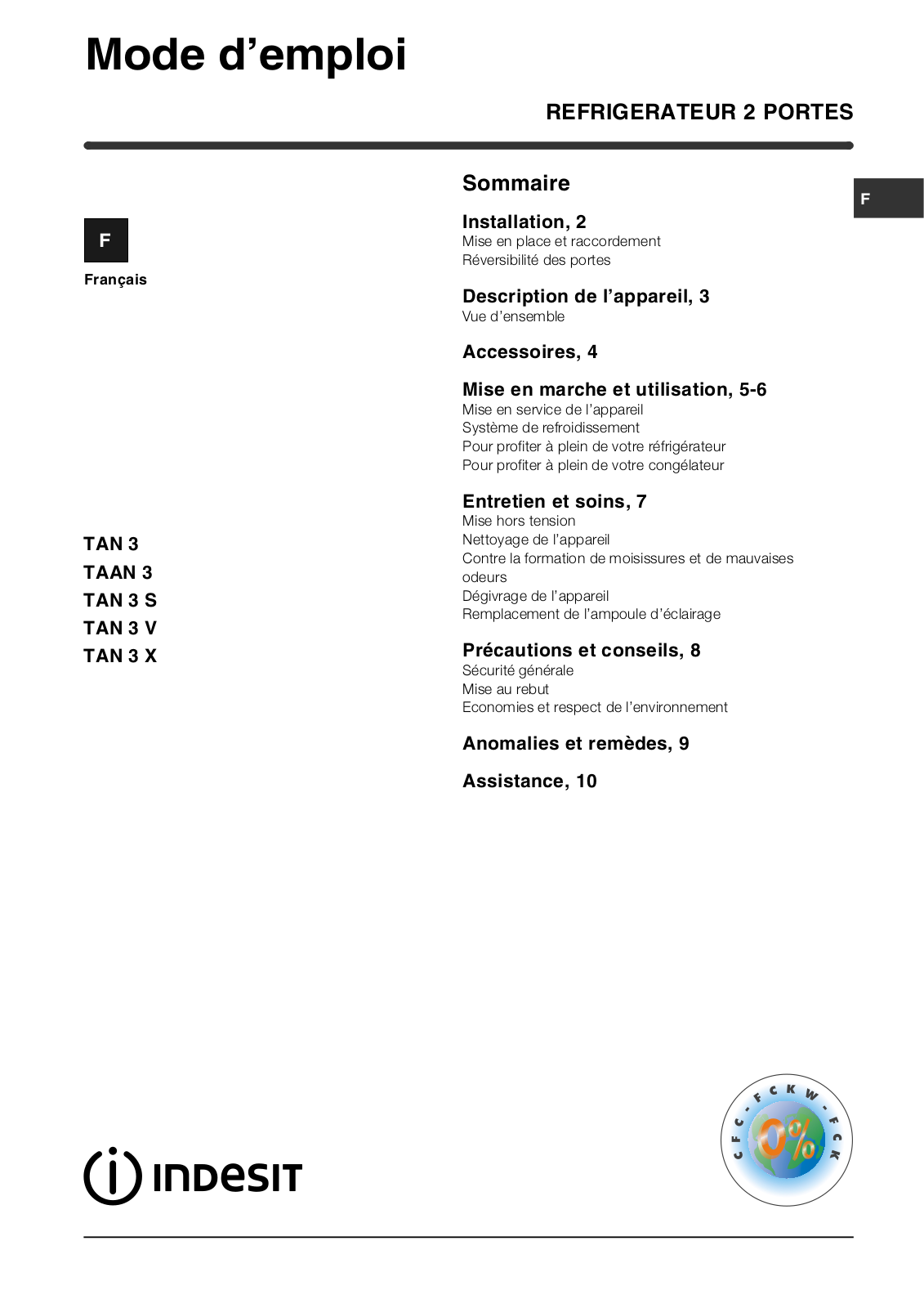 INDESIT TAN3X User Manual