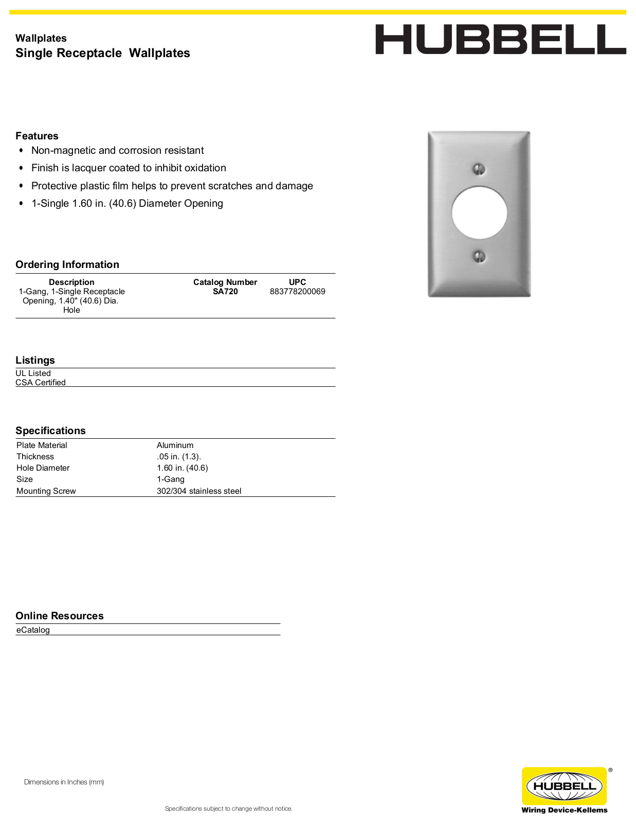 Hubbell SA720 Specifications