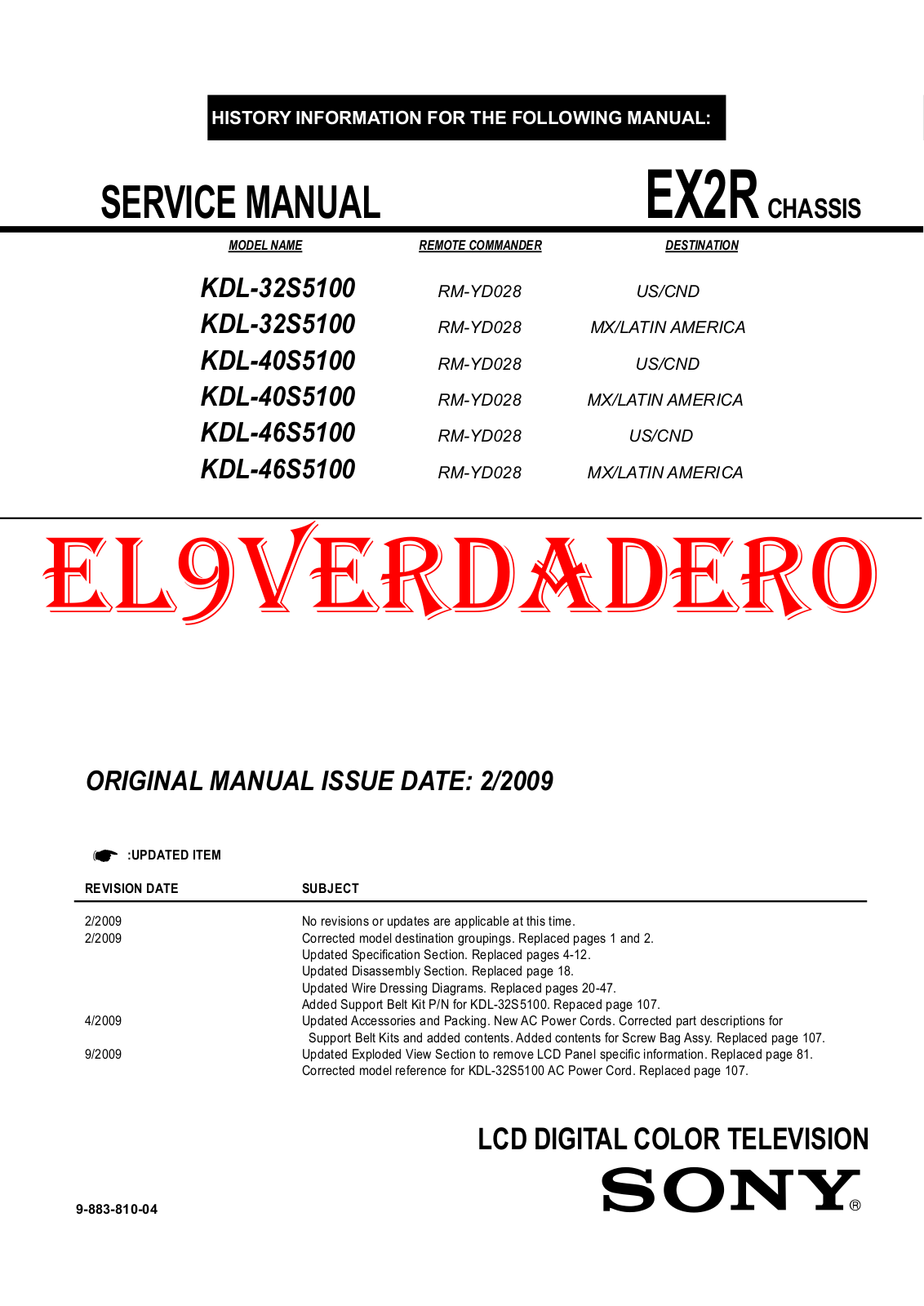 Sony kdl 32s5100, kdl 40s5100, kdl 46s5100 Service Manual