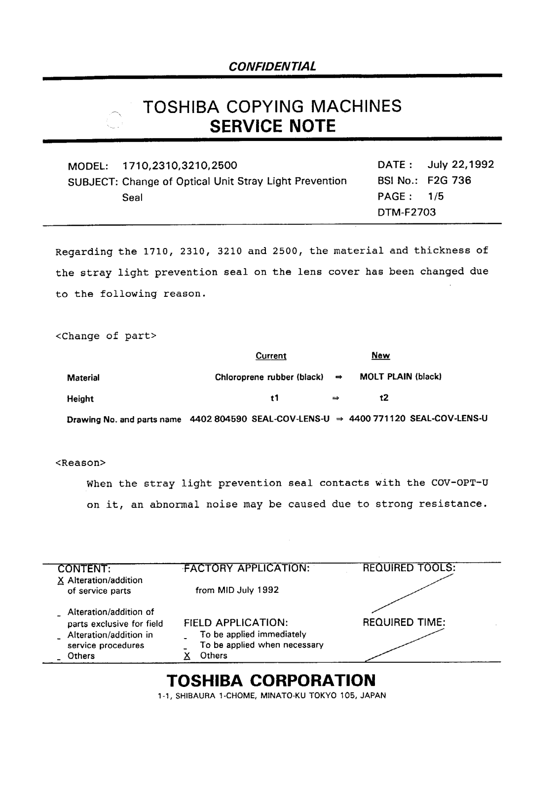 Toshiba f2g736 Service Note