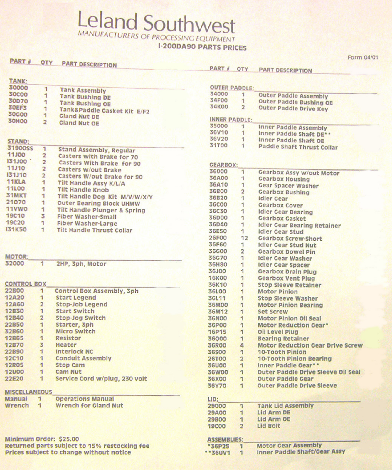 Leland I200DA90 Parts List