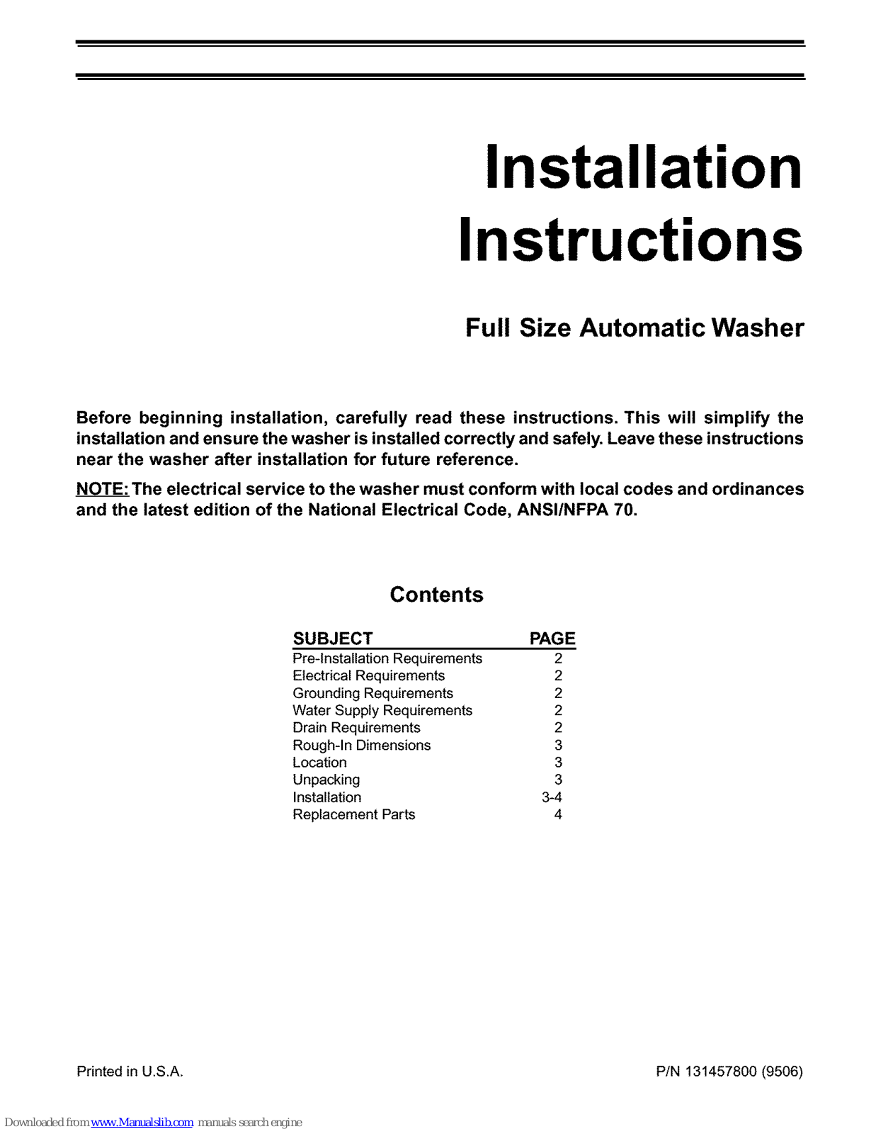Frigidaire LWS9313DS0, SFWX703AS0, FWSB6600ES0, FWS6600ES0, GSWS9471DC0 Installation Instructions Manual - ManualMachine.com