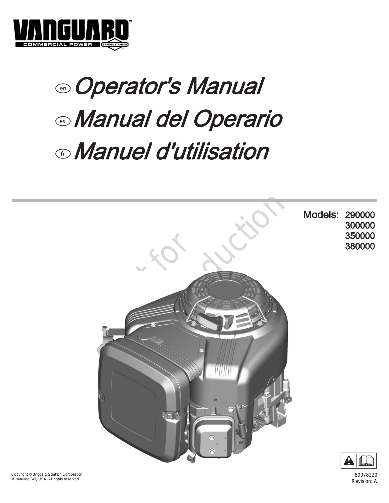 Vanguard 350000, 300000, 290000, 380000, 540000 Operator's Manual