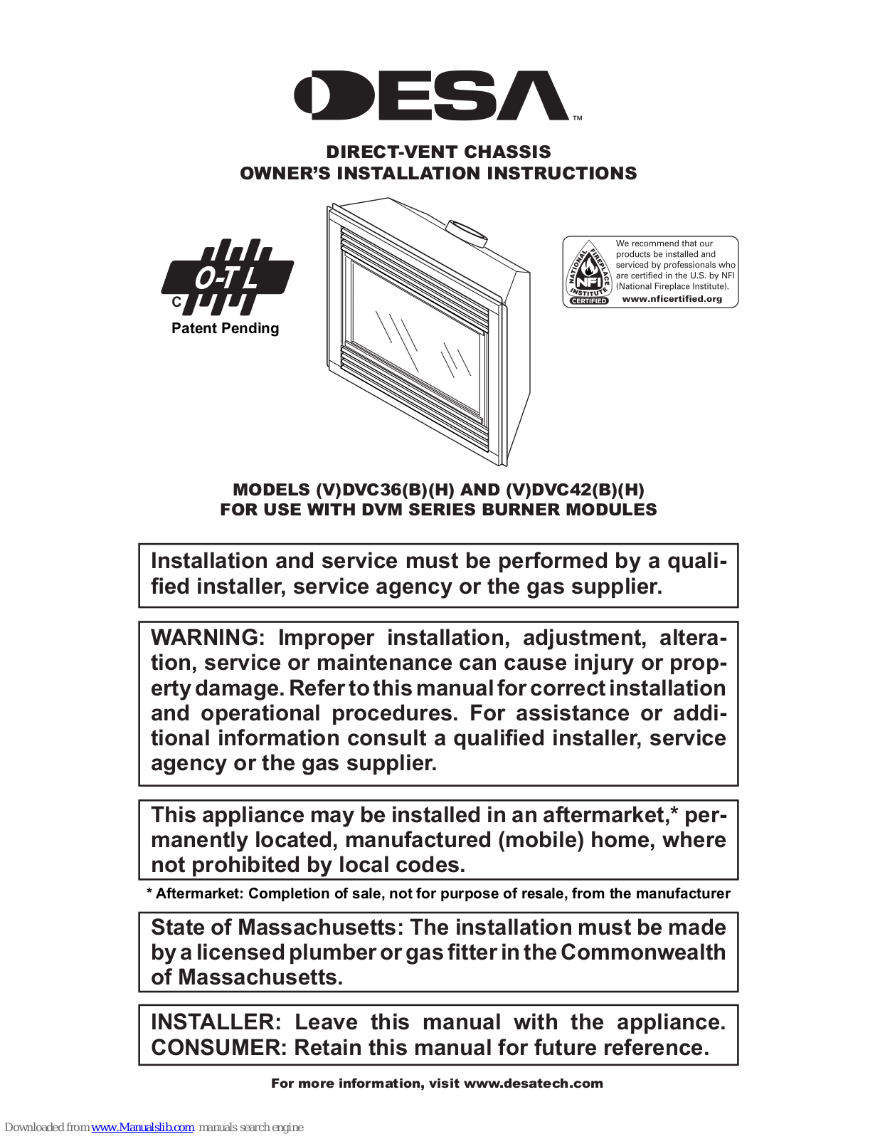 Desa DVC36, DVC42, DVC36B, DVC36H, VDVC36B Owner's Installation Instructions Manual