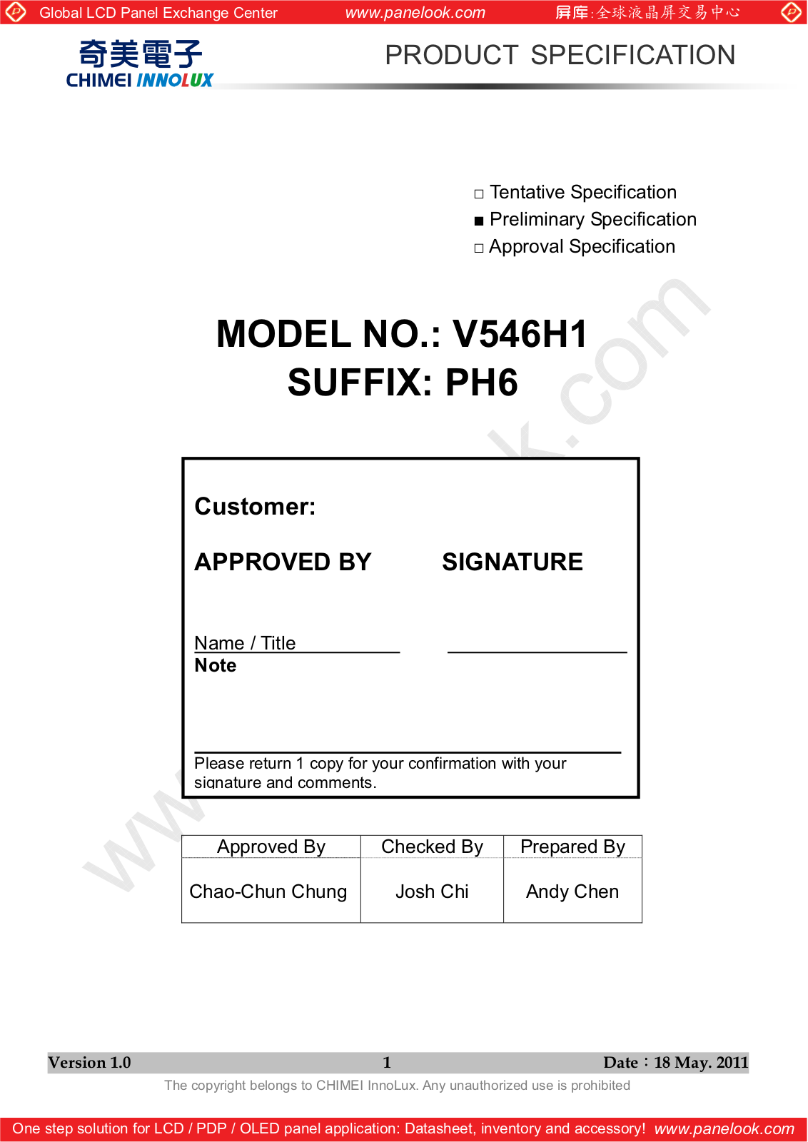 CHIMEI INNOLUX V546H1-PH6 Specification