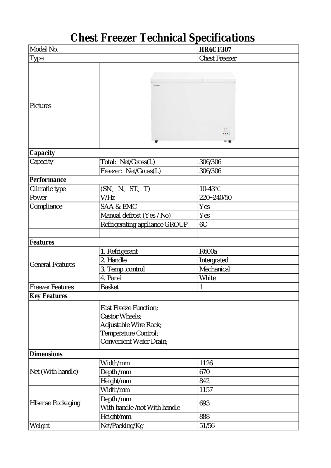 Hisense HR6CF307 Specifications Sheet