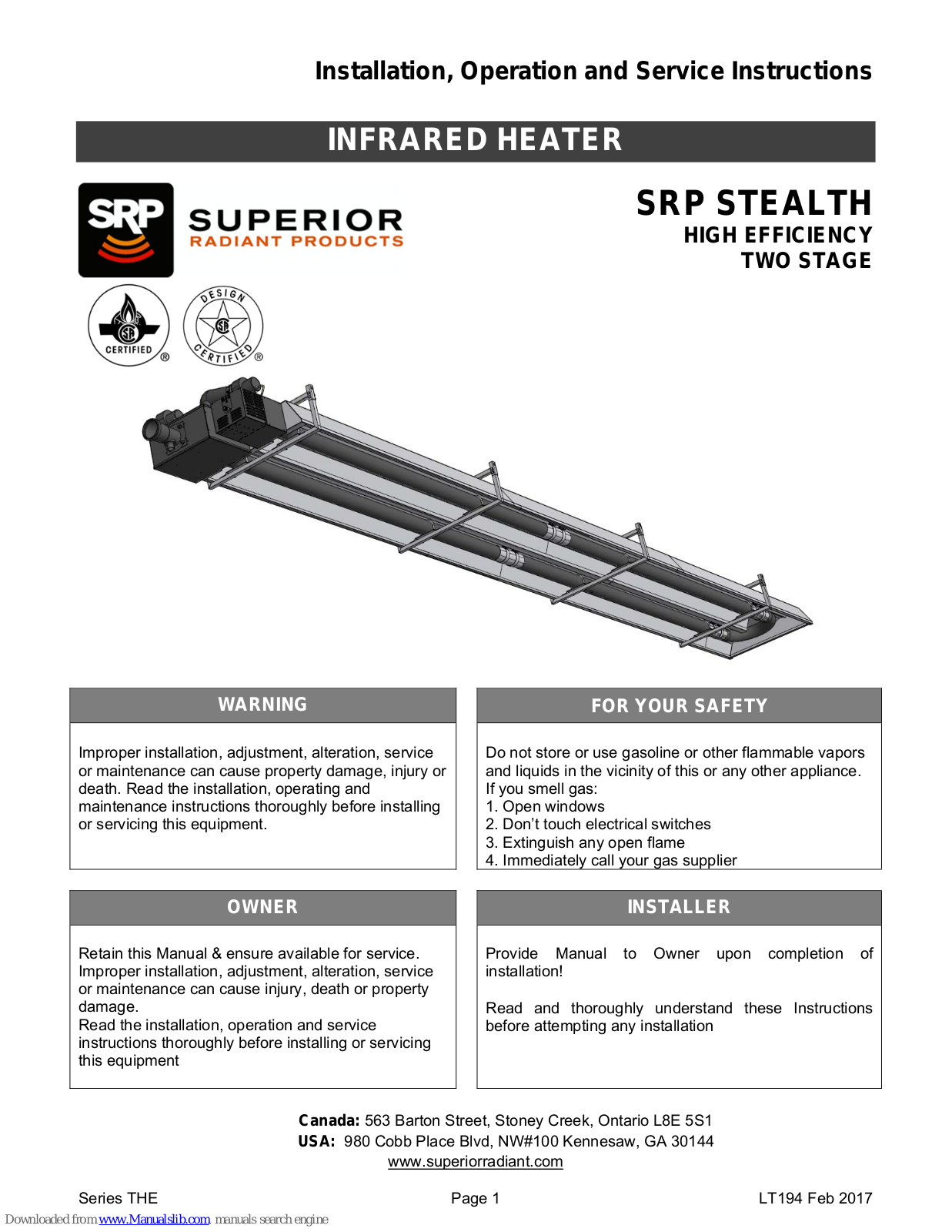 Superior Radiant SRP STEALTH Installation, Operation And Service Instructions - ManualMachine.com