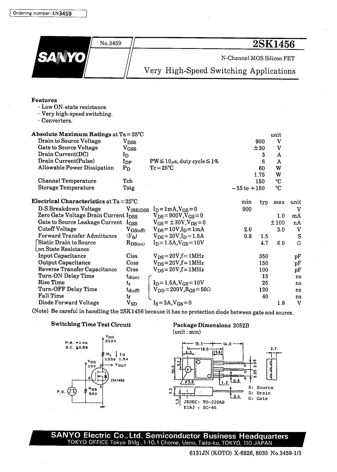 SANYO 2SK1456 Datasheet