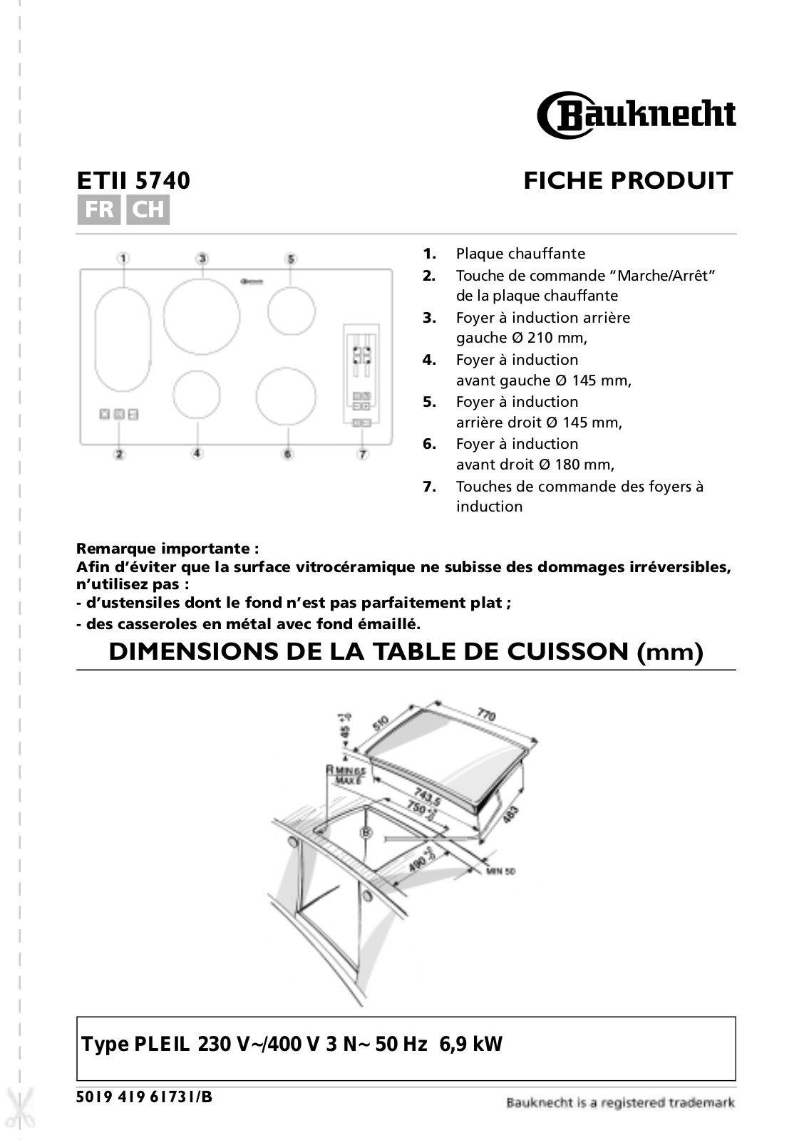 bauknecht ETII 5740 PRODUCT SHEET