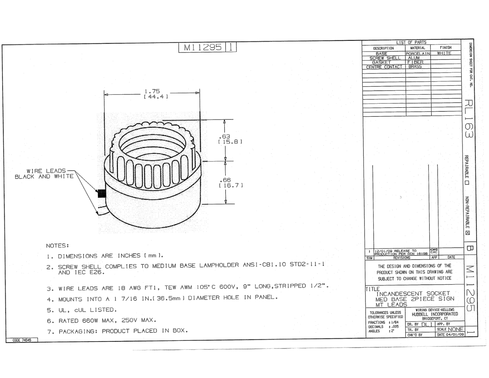 Hubbell RL163 Reference Drawing