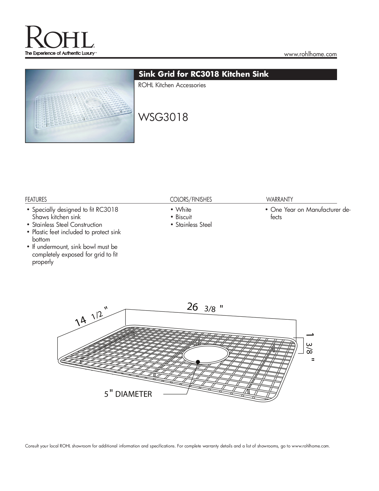 Rohl WSG3018 Specifications