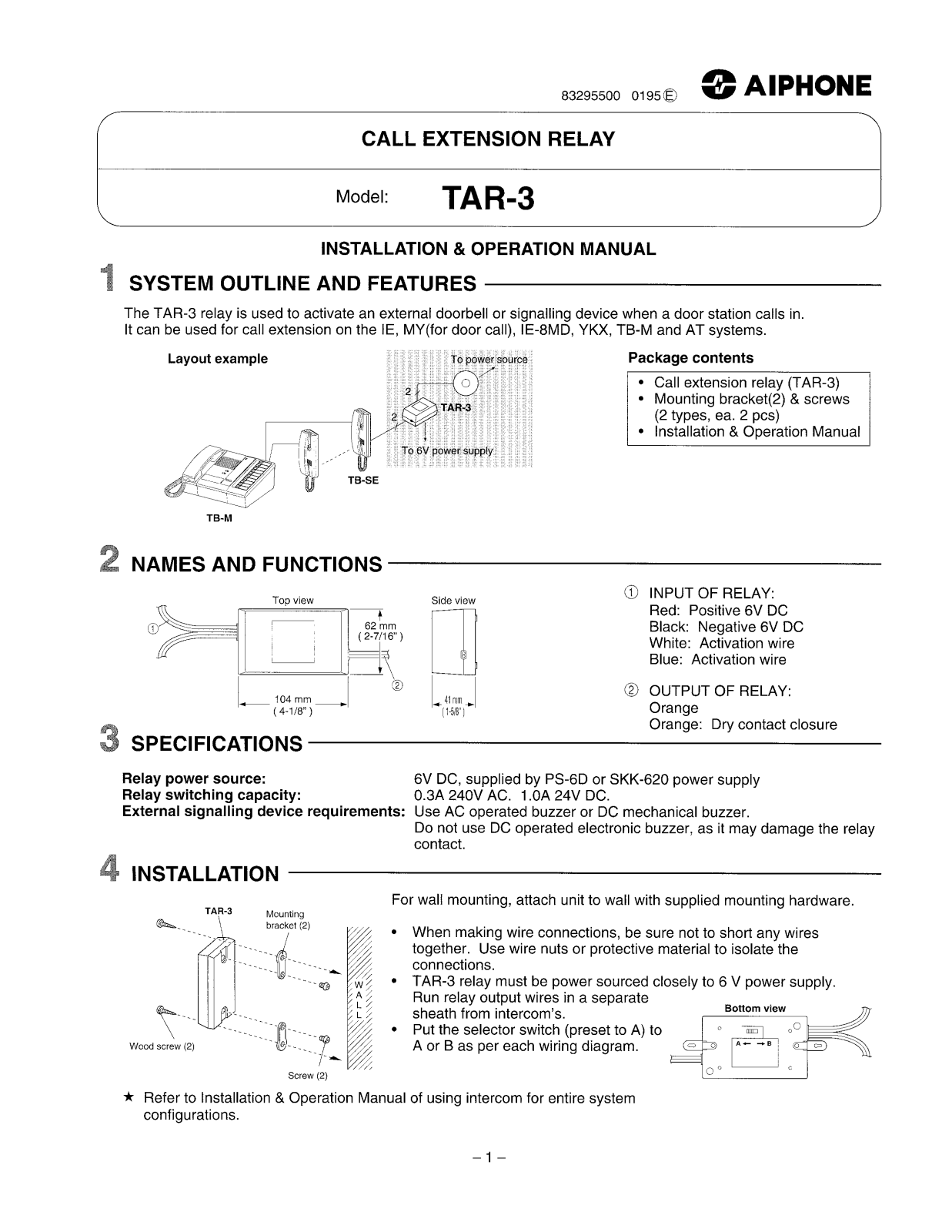 Aiphone TAR-3 User Manual