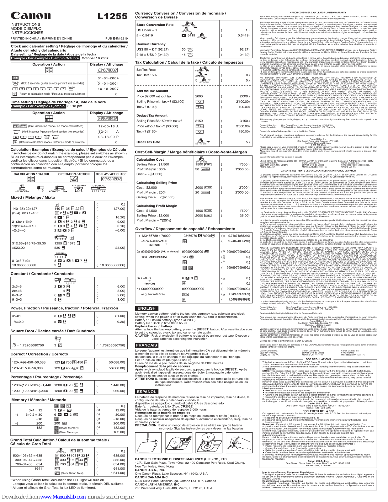 Canon L1255 - 12 Digit DeskTop Calculator, L1255 Instructions Manual