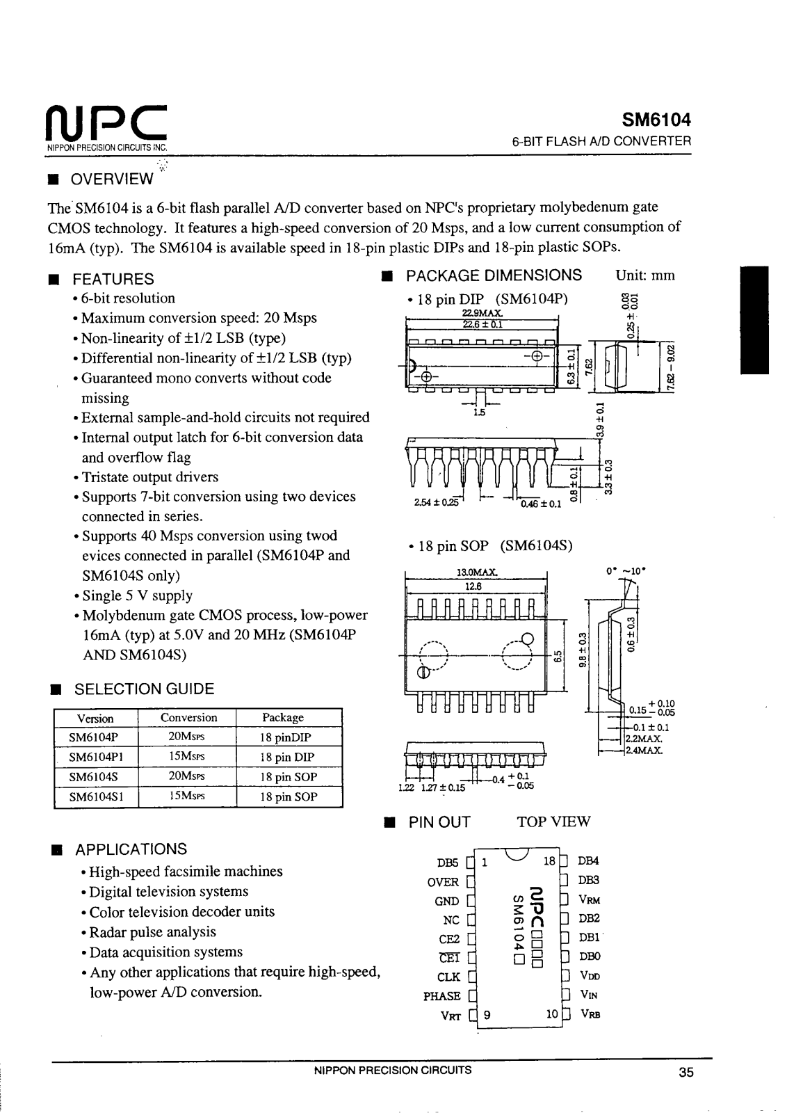 NPC SM6104P, SM6104P1, SM6104S, SM6104S1 Datasheet