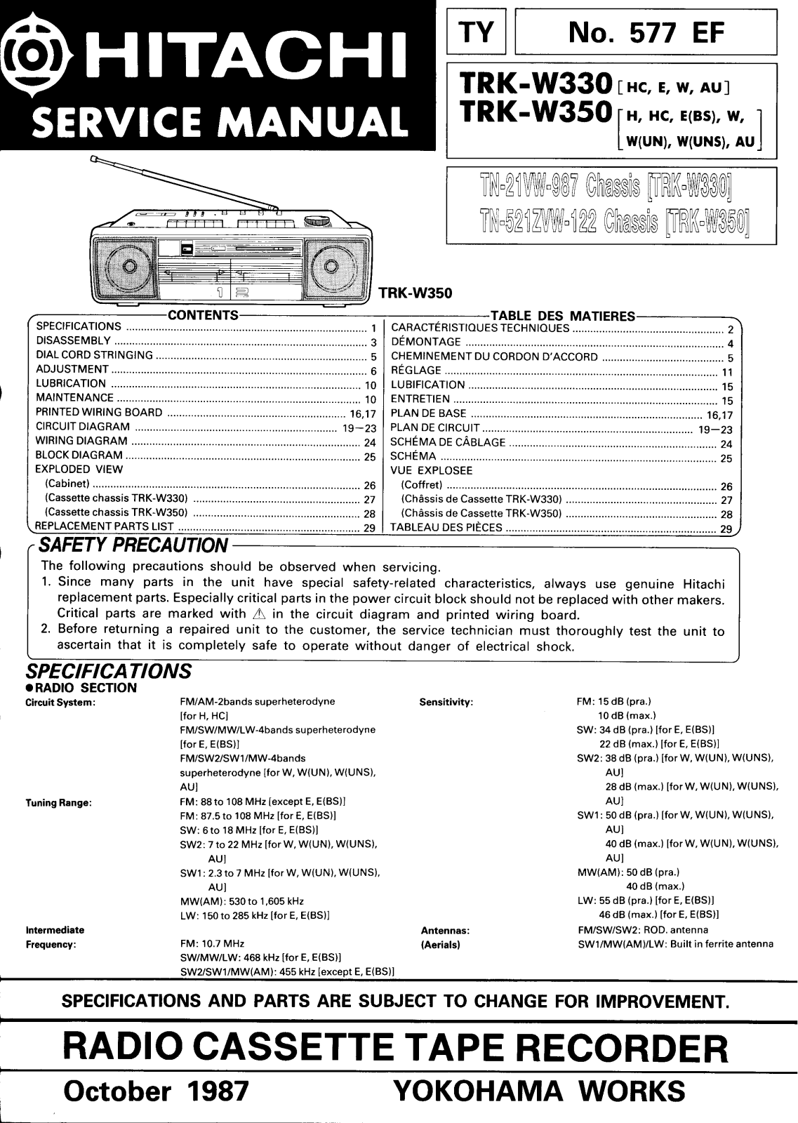 Hitachi TRK-W350 Service Manual