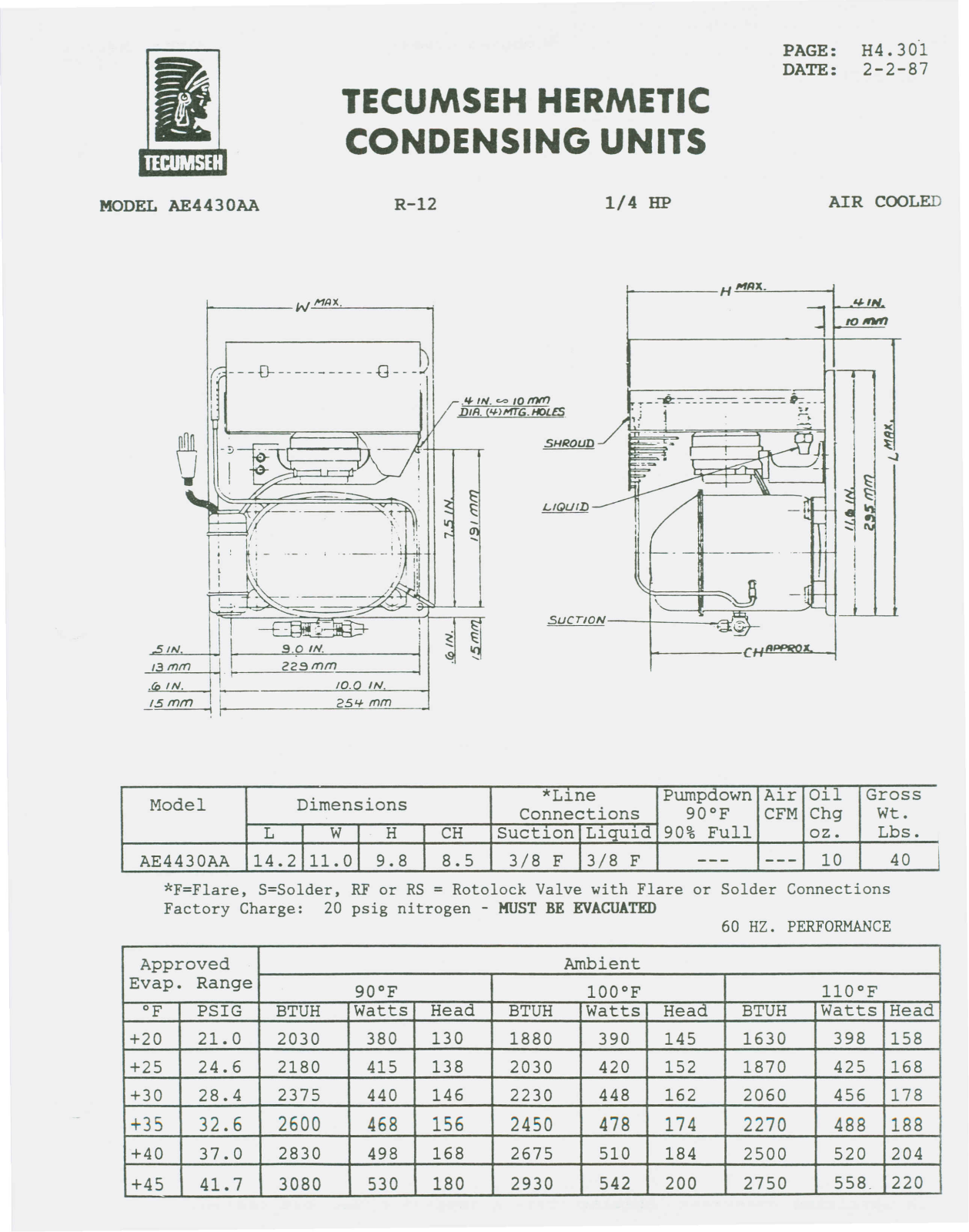 Tecumseh AE4430A-AA1AXG Performance Data Sheet