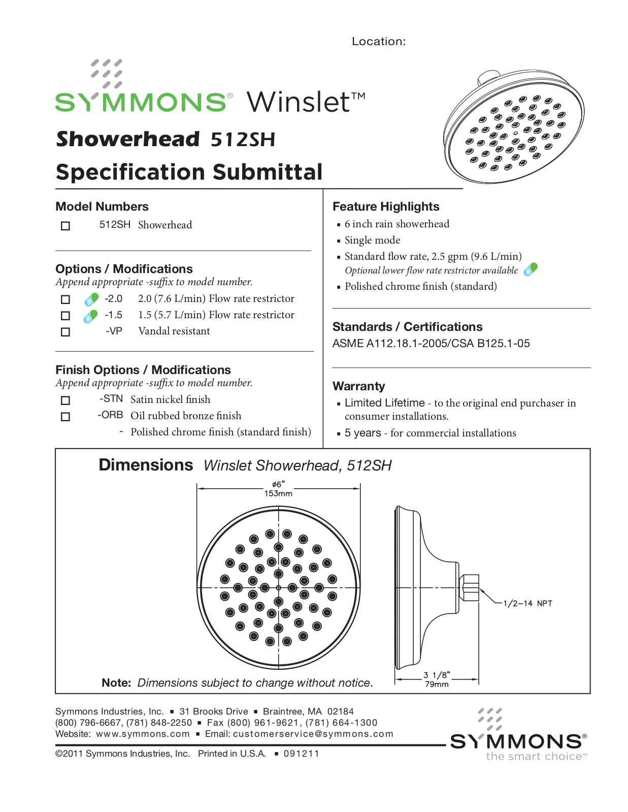 Symmons 512SH User Manual