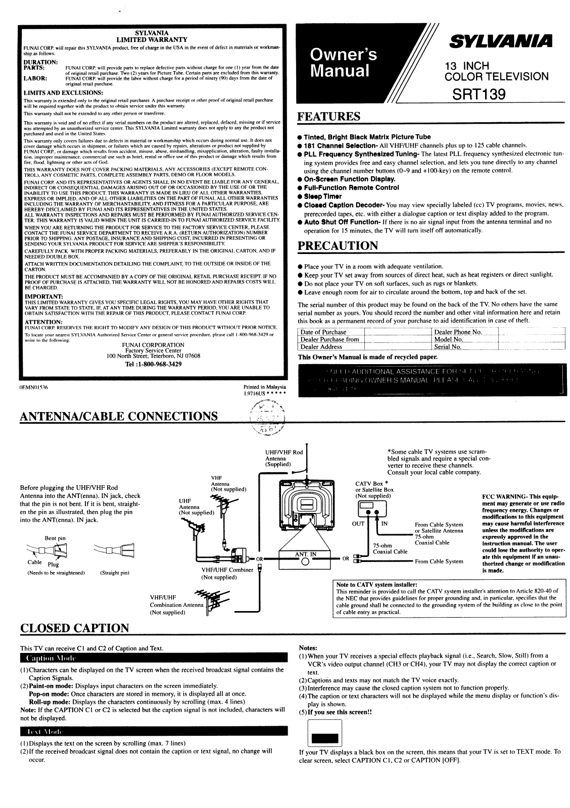 FUNAI SRT139, SRT139 User Manual