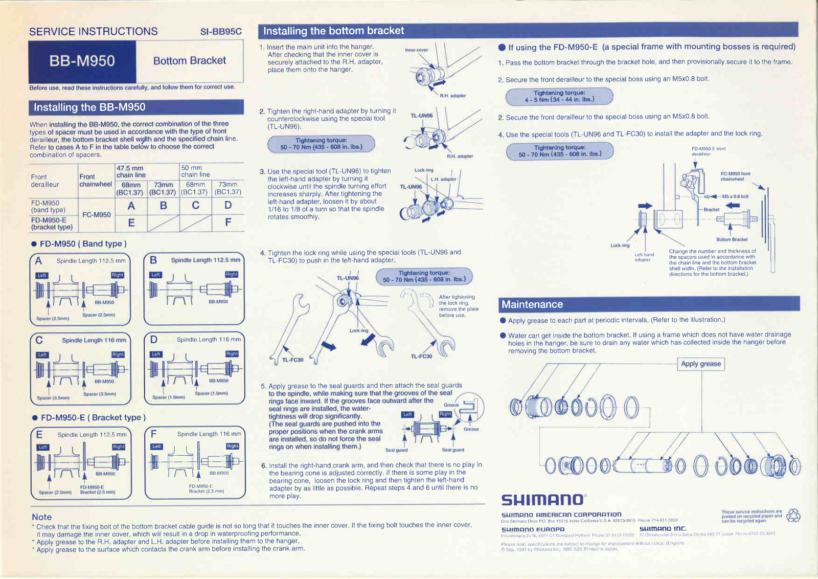 Shimano BB-M950, FC-M950, FD-M950 Service Instructions - ManualMachine.com