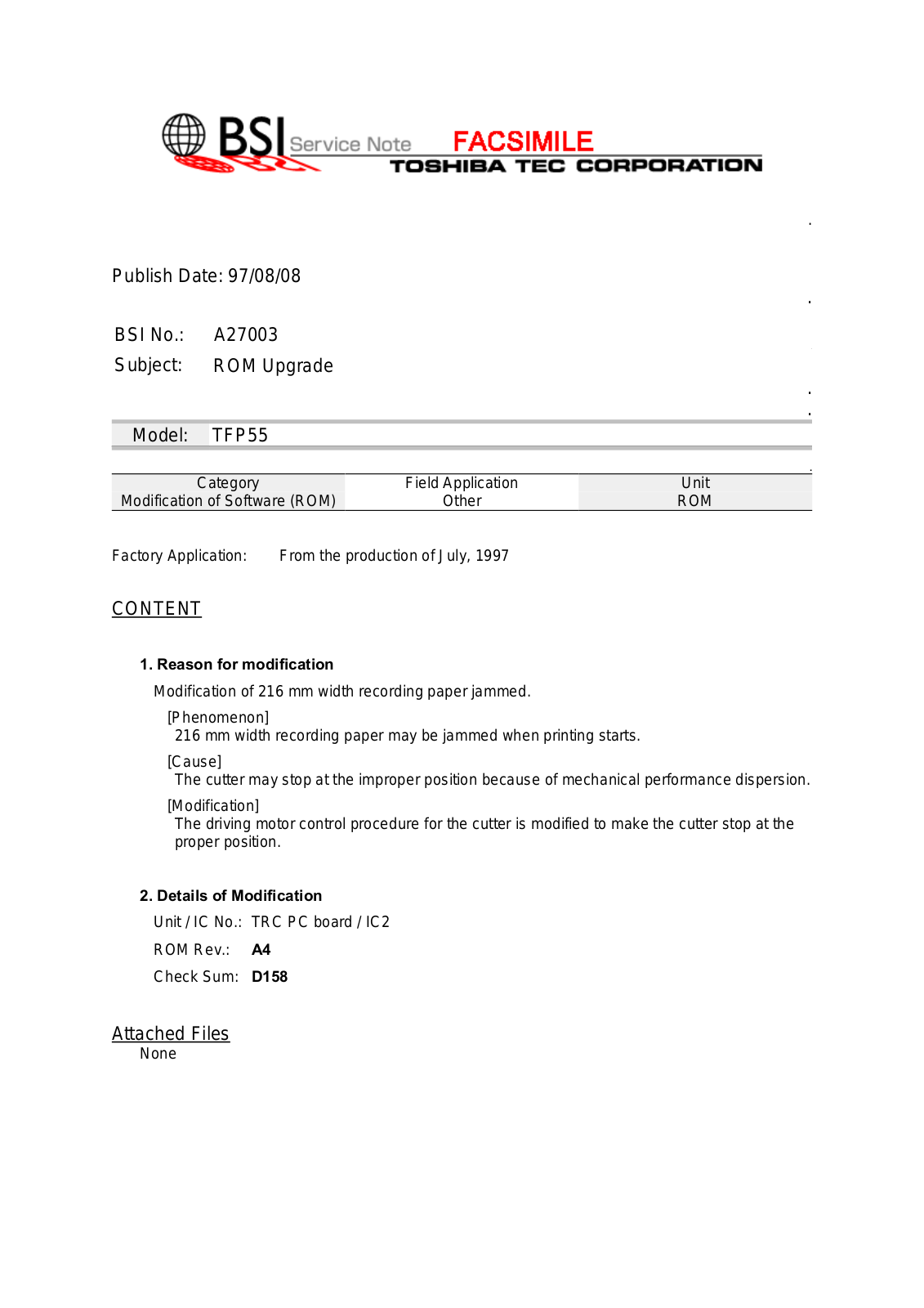 Toshiba A27003 Service Note