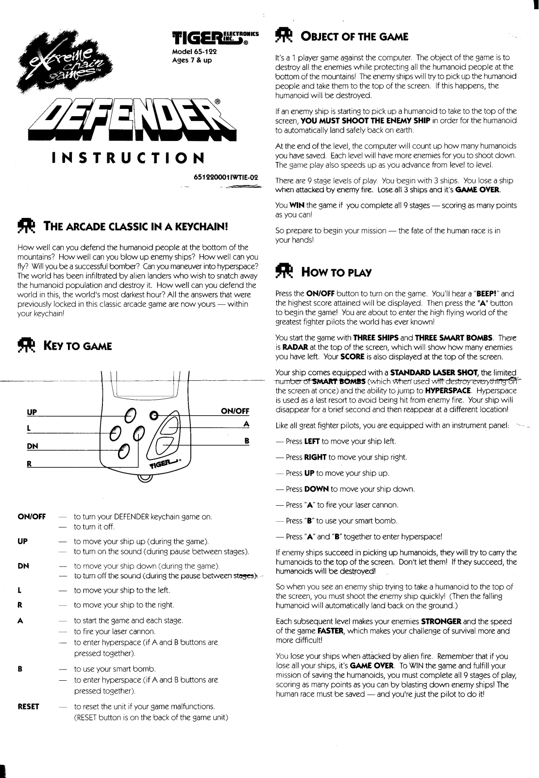 Tiger Electronics Defender 65-122 User Manual