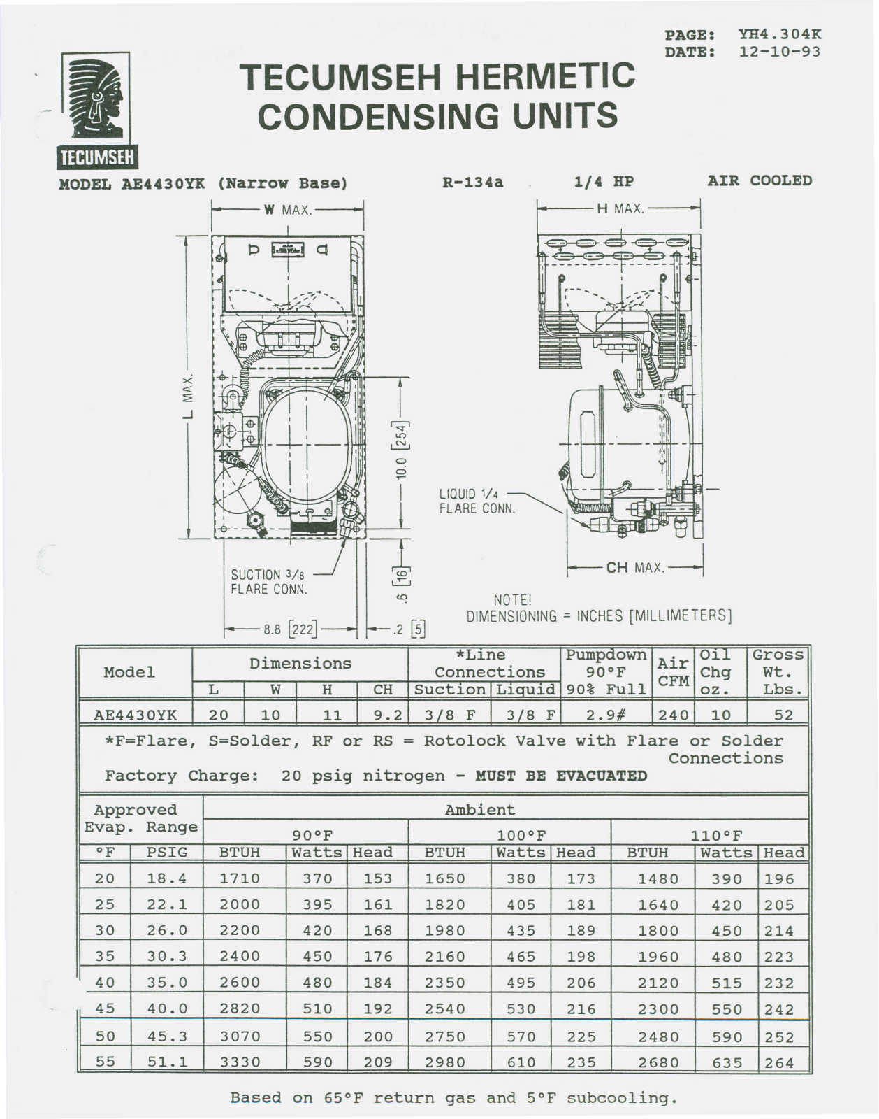 Tecumseh AEA4430YXAXK Performance Data Sheet