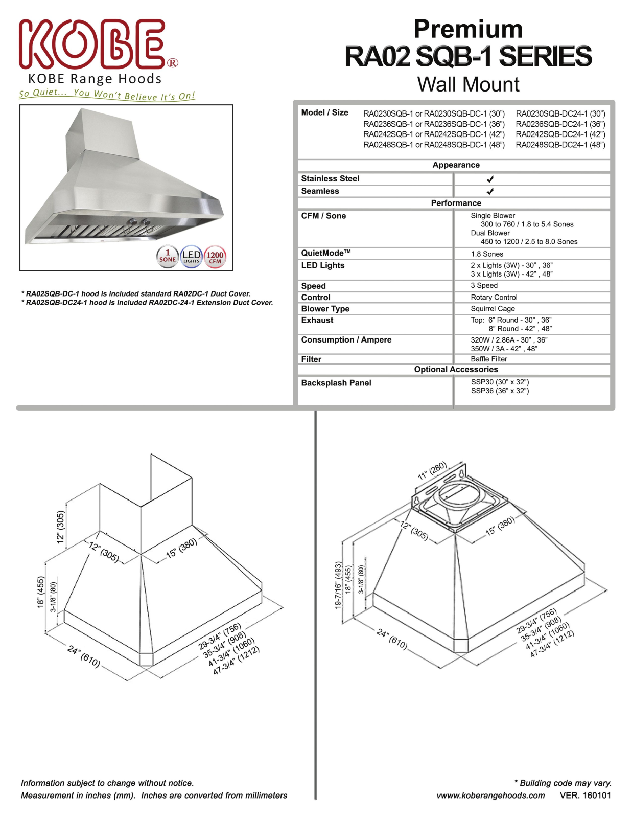 Kobe RA0242SQBDC1, RA0236SQBDC241, RA0230SQBDC241, RA0230SQBDC1, RA0242SQBDC241 Specifications