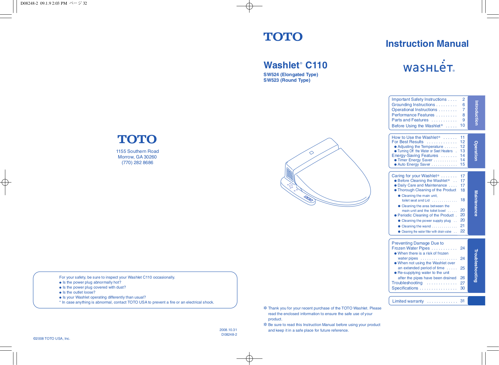 Toto Washlet C110 SW524, Washlet C110 SW523 Instruction Manual