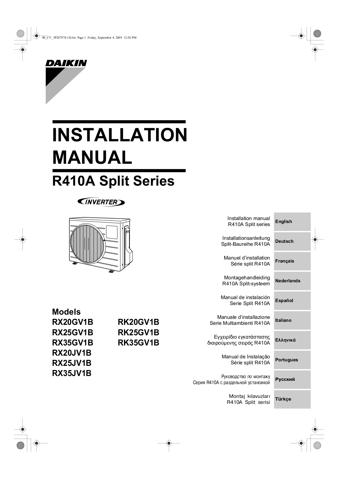 Daikin RX20GV1B, RK20GV1B, RX25GV1B, RK25GV1B, RX35GV1B Installation manuals