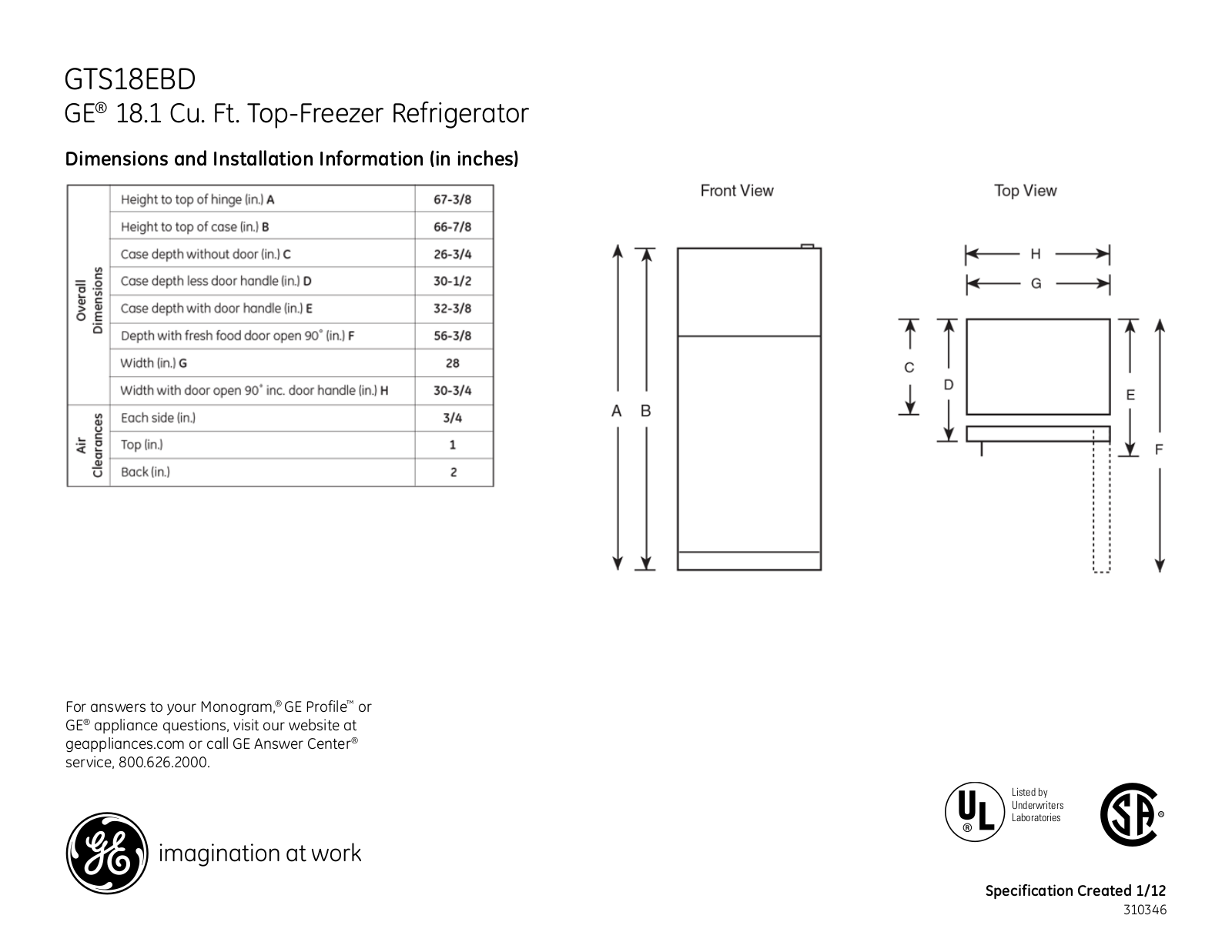 GE GTS18EBD Specification