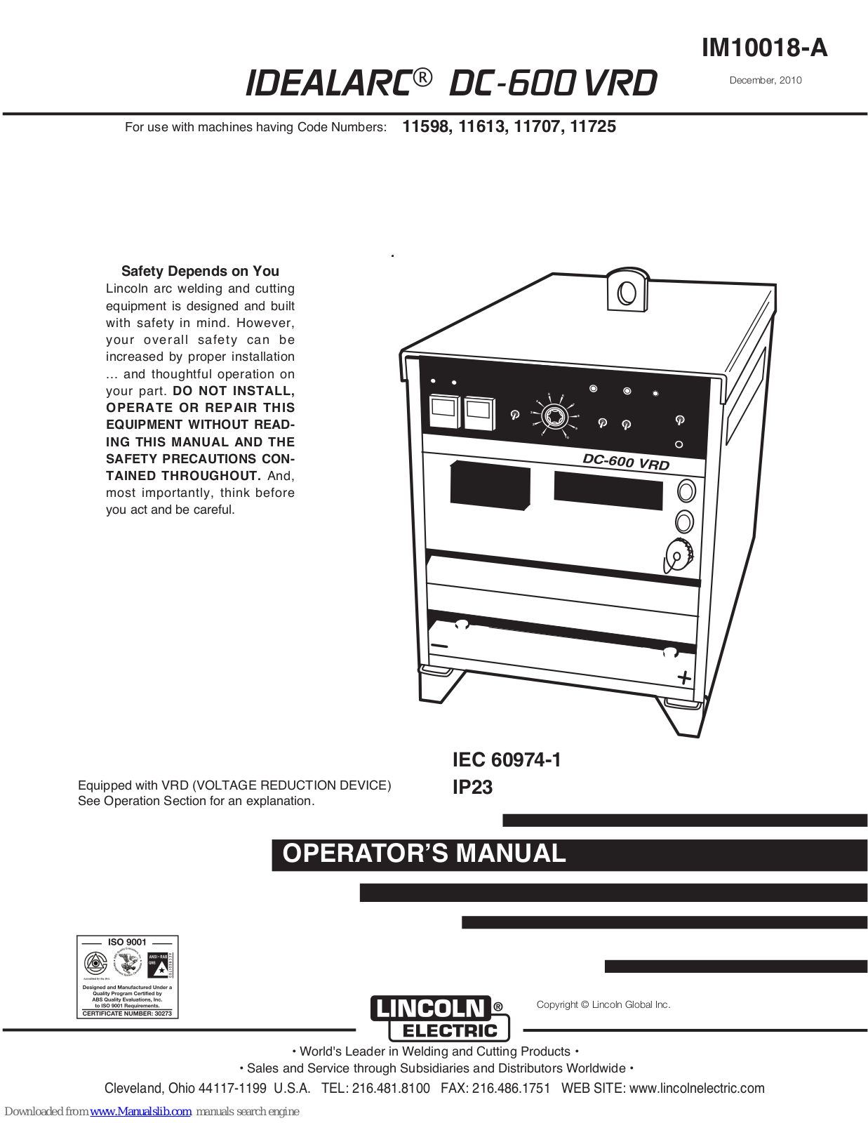 Lincoln Electric IDEALARC IM10018-A, IDEALARC DC-600 VRD Operator's Manual