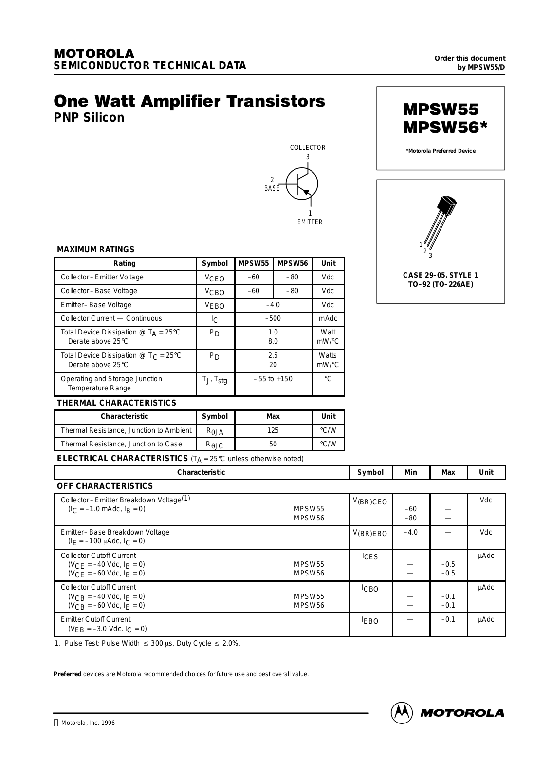 MOTOROLA MPSW56RLRP, MPSW56, MPSW55RLRA, MPSW56RLRA Datasheet