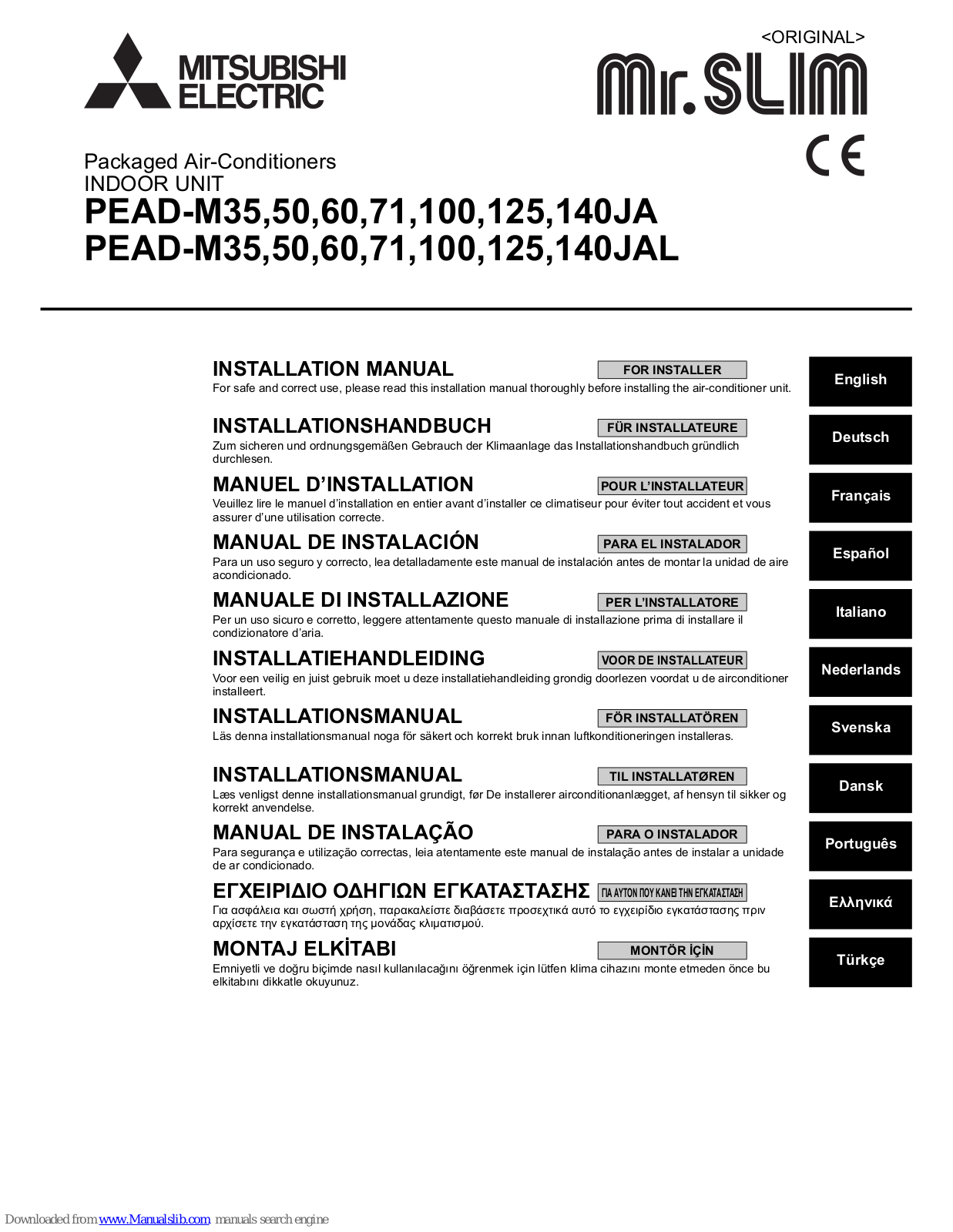 Mitsubishi Electric PEAD-M35, PEAD-M60, PEAD-M71, PEAD-M100, PEAD-M125 Installation Manual