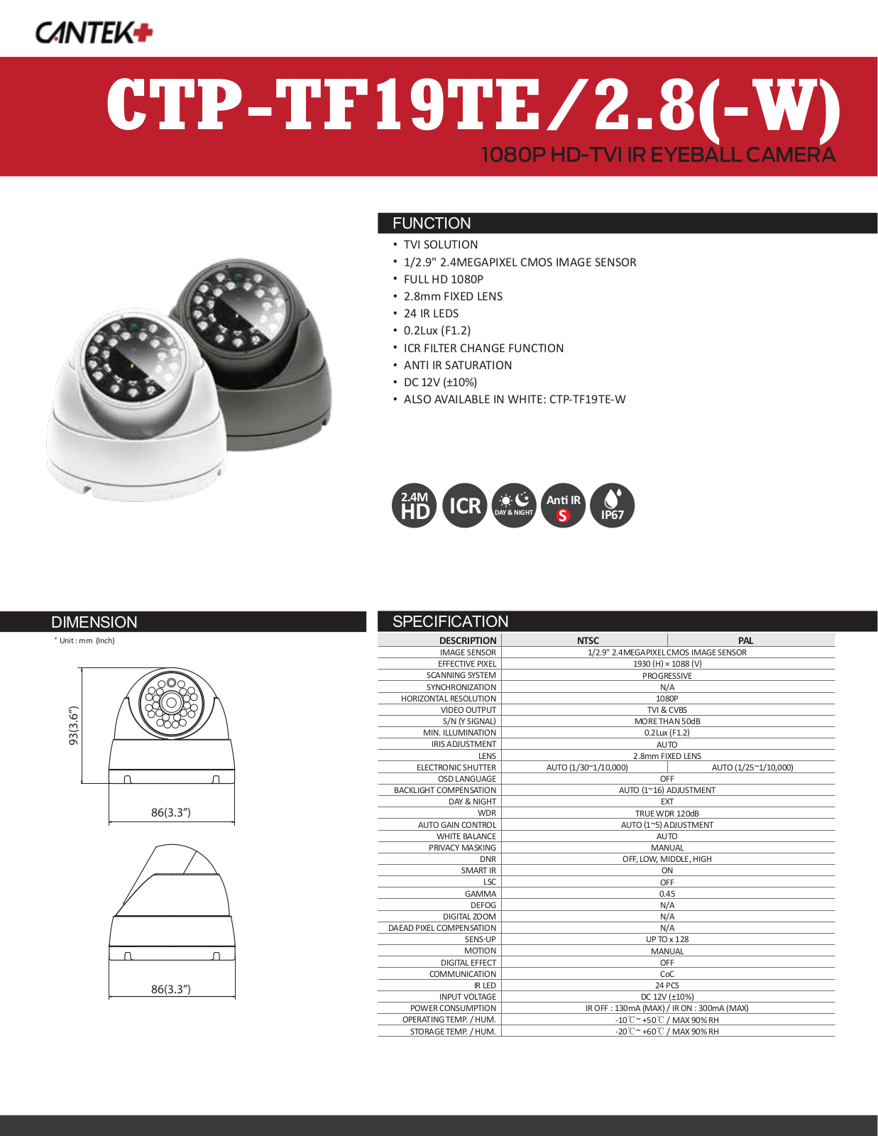 Cantek Plus CTP-TF19TE-W-2.8 Specsheet