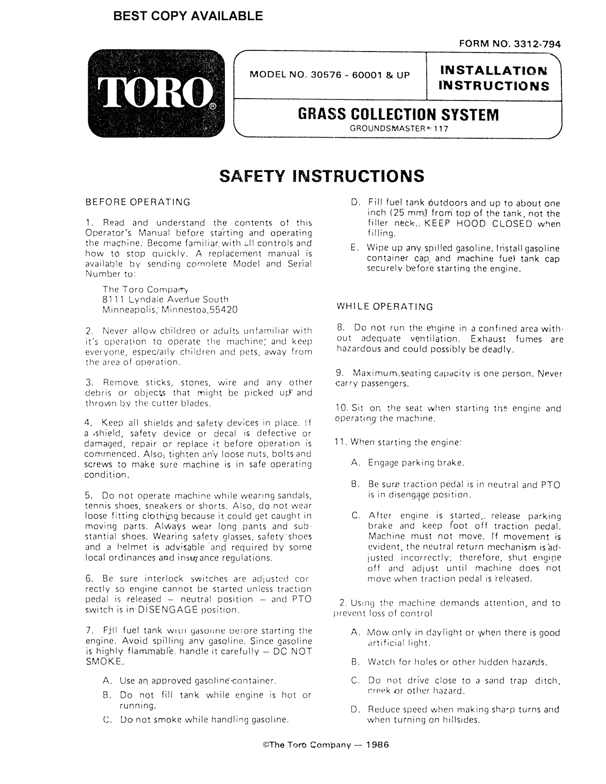 Toro 30576 Operator's Manual