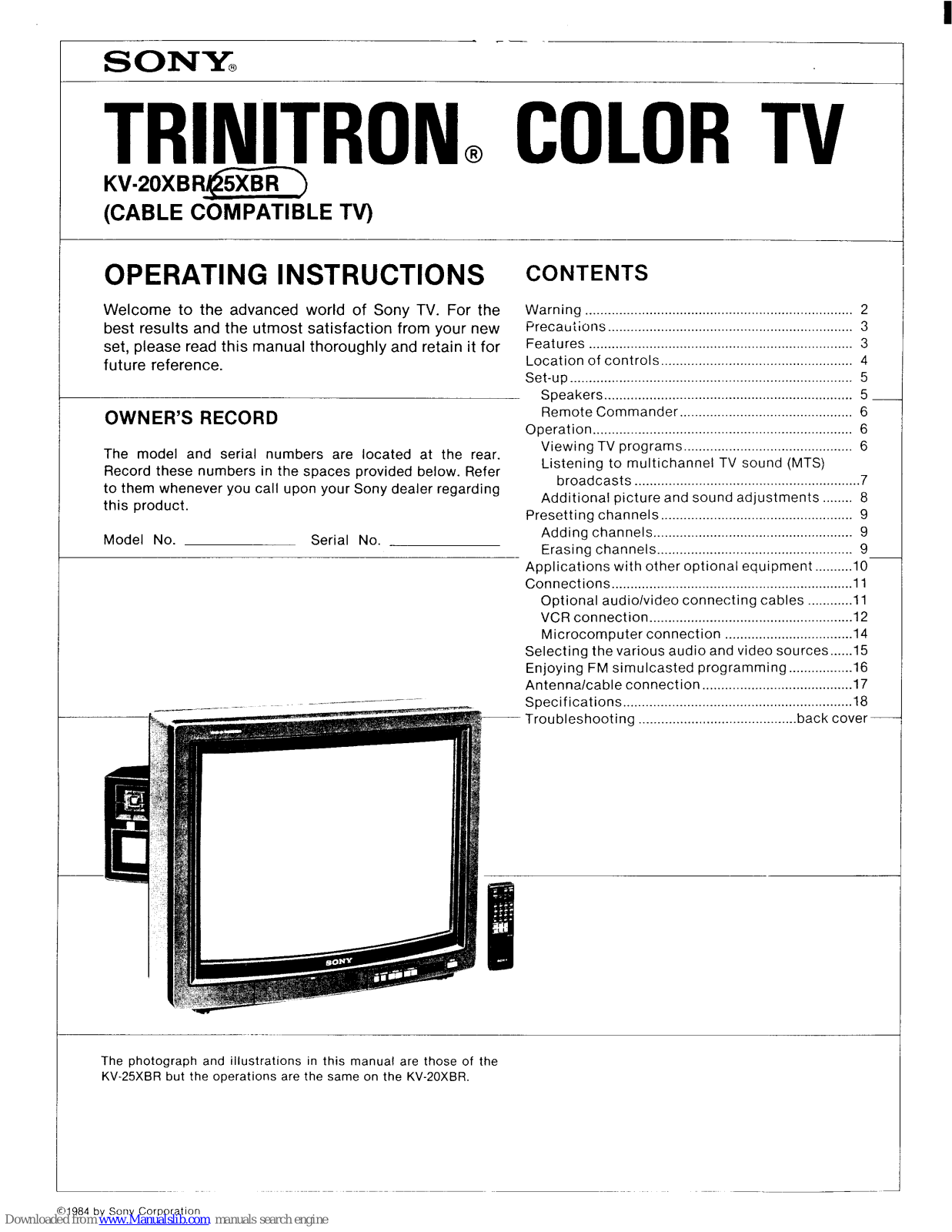 Sony Trinitron KV-20XBR, Trinitron KV-25XBR Operating Instructions Manual