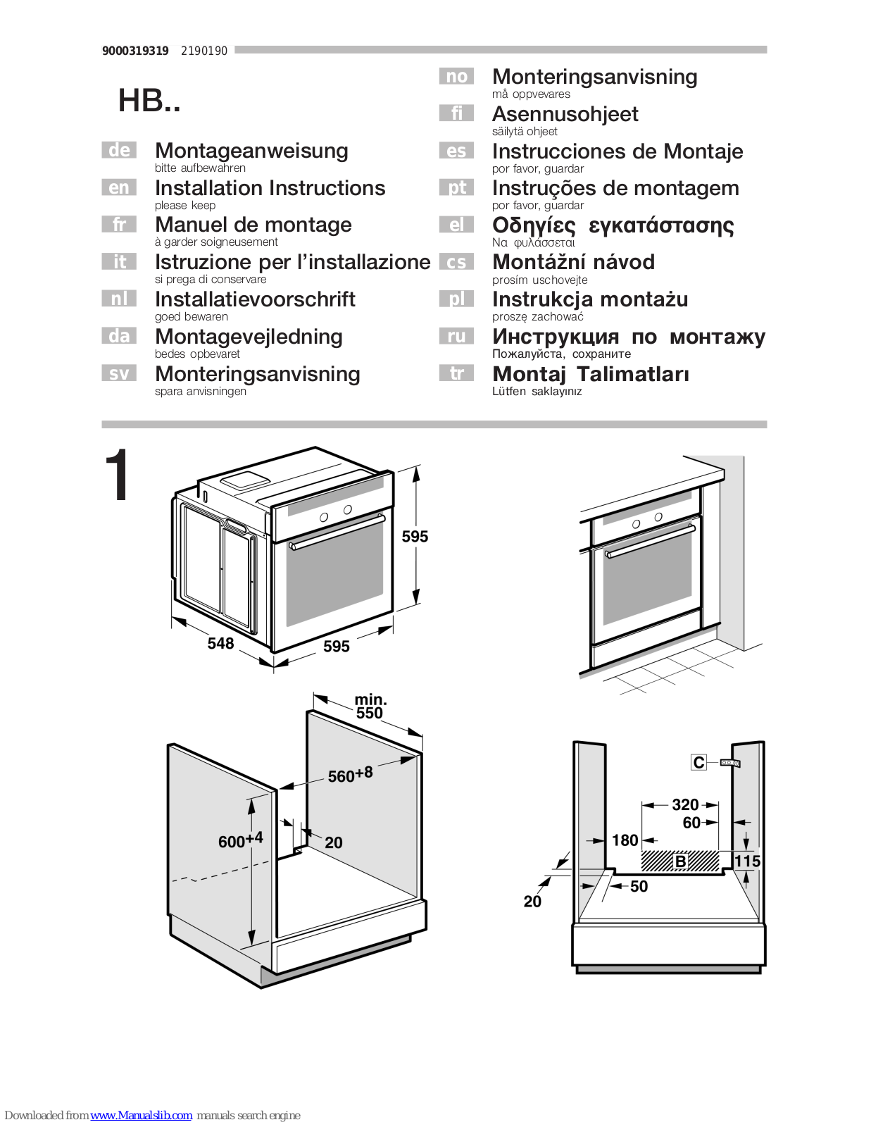 Bosch HBG53R520B, HBG78R750B, HBG73R550B, HBL33B550B, HBR33B550B Installation Instructions Manual