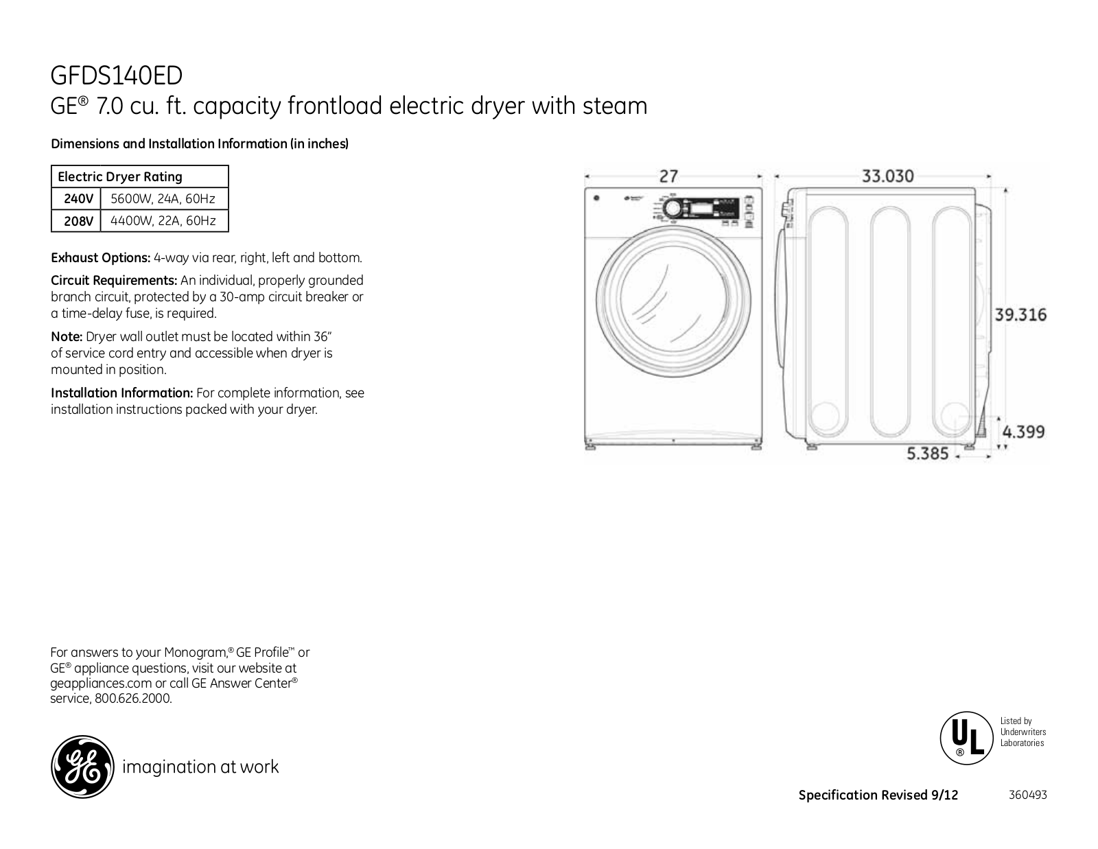 GE GFDS140EDWW Specification Sheet