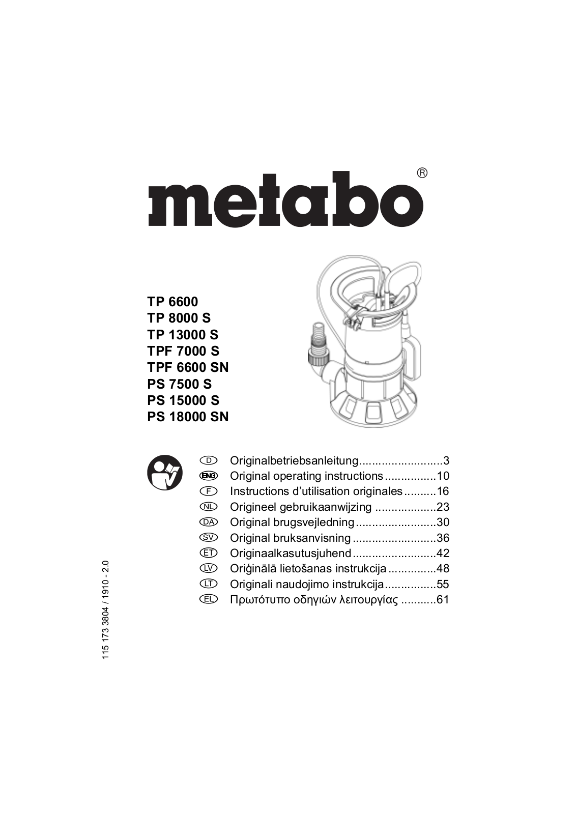 Metabo TP 6600, TP 8000 S, TP 13000 S, TPF 7000 S, TPF 6600 SN User guide