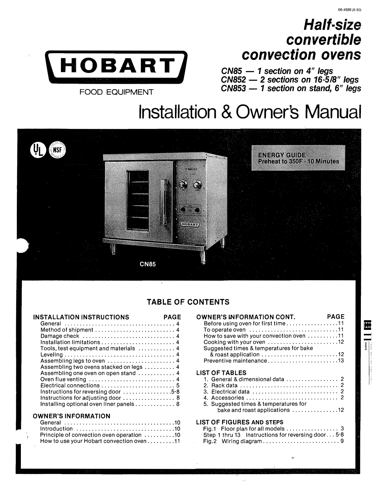 Hobart CN853, CN852 Installation & Owner's Manual