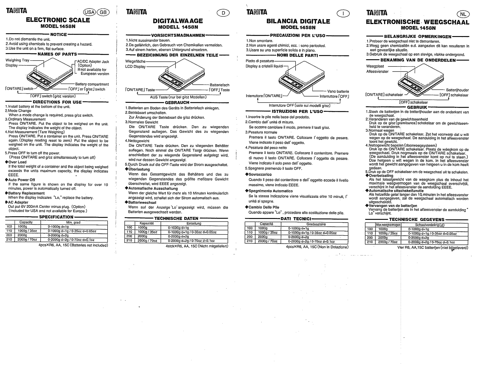 Tanita 1458N-210, 1458N-110 Owner's Manual