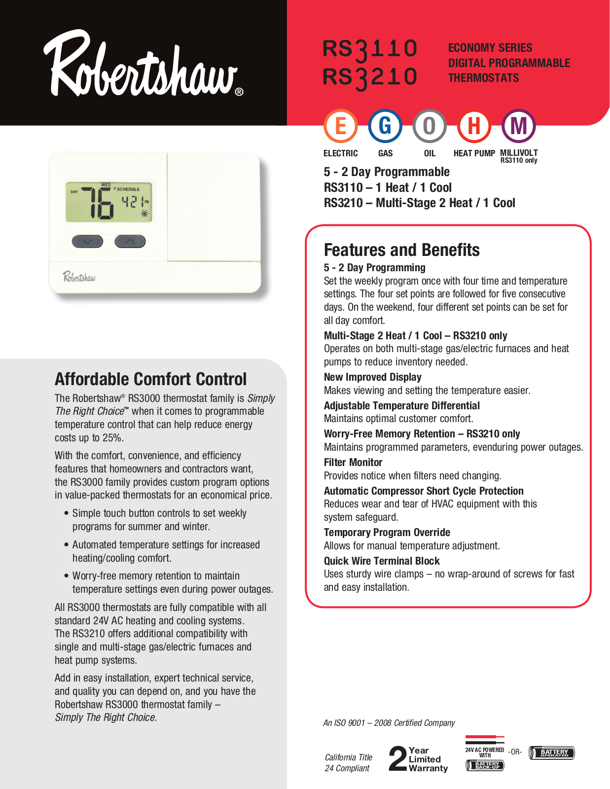 Robertshaw RS3110, RS3210 Sell Sheet