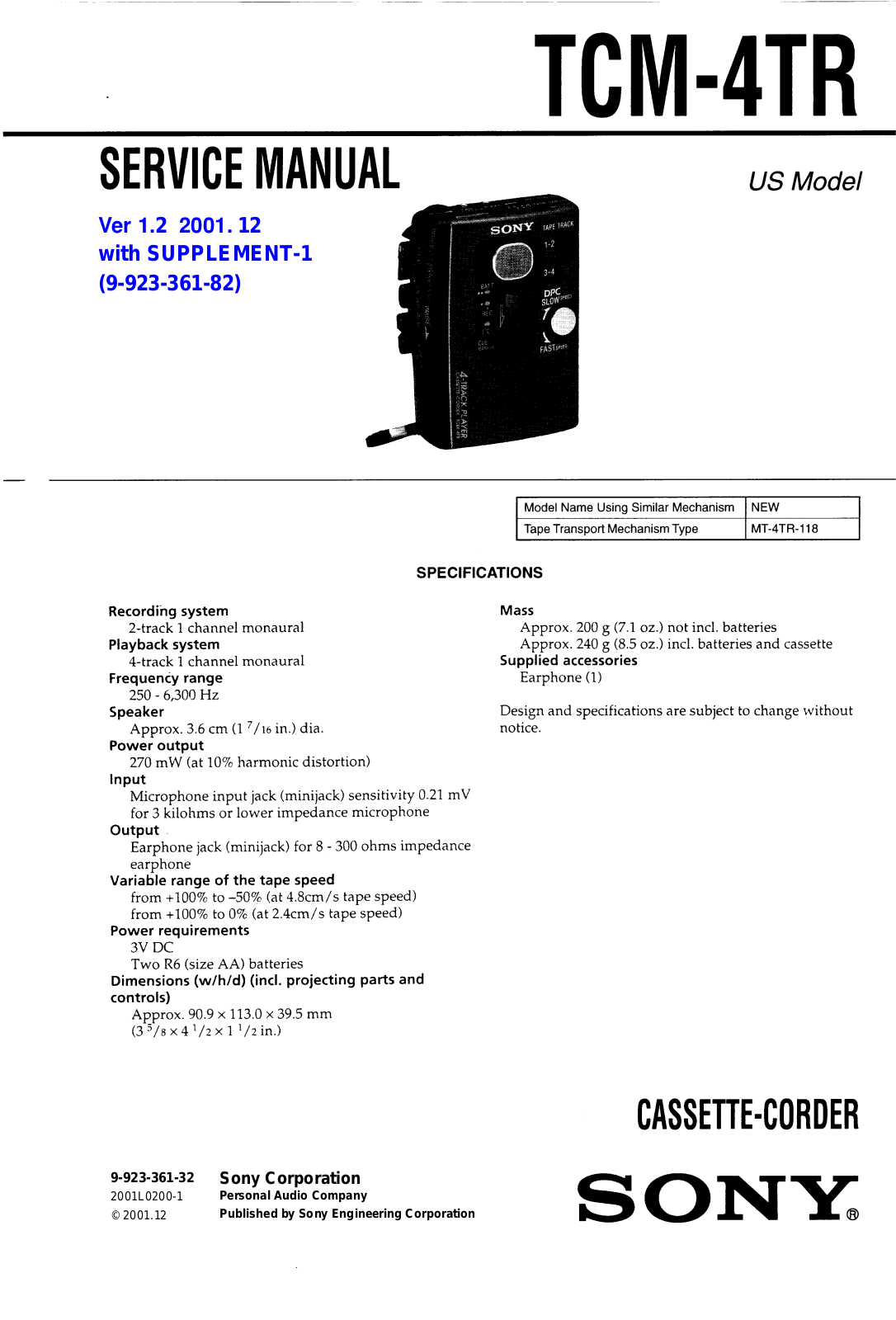 Sony TCM-4-TR Service manual