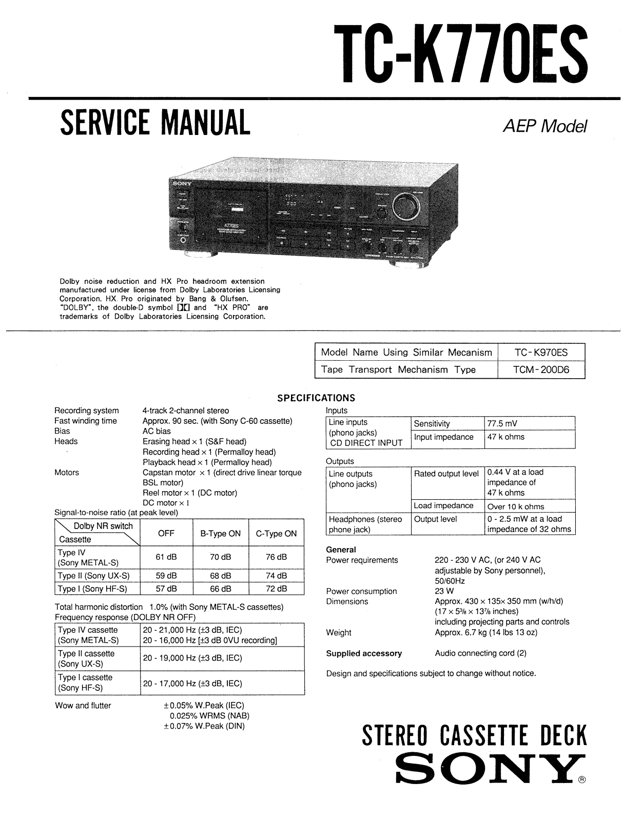 Sony TCK-770-ES Service manual