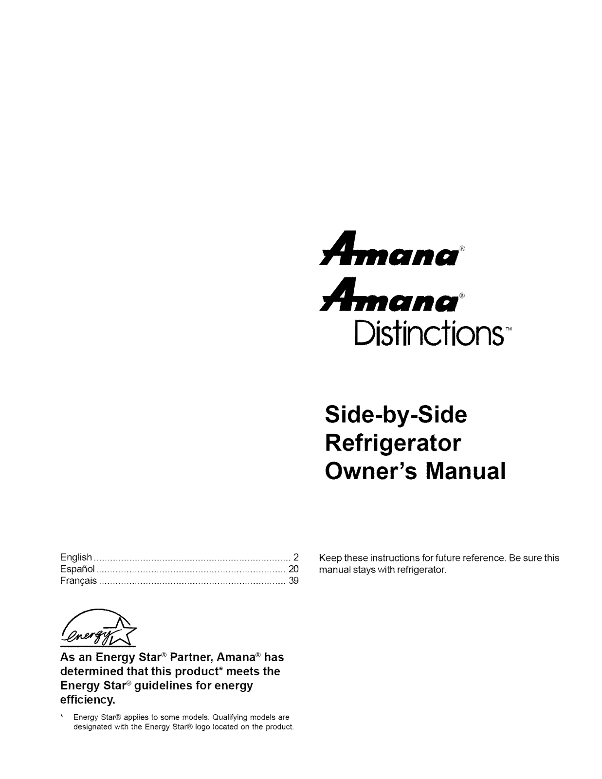 Amana DRS2662AW-PDRS2662AW0, DRS2662AW, ARS2664AW-PARS2664AW0, ARS2664AB-PARS2664AB0 Owner’s Manual