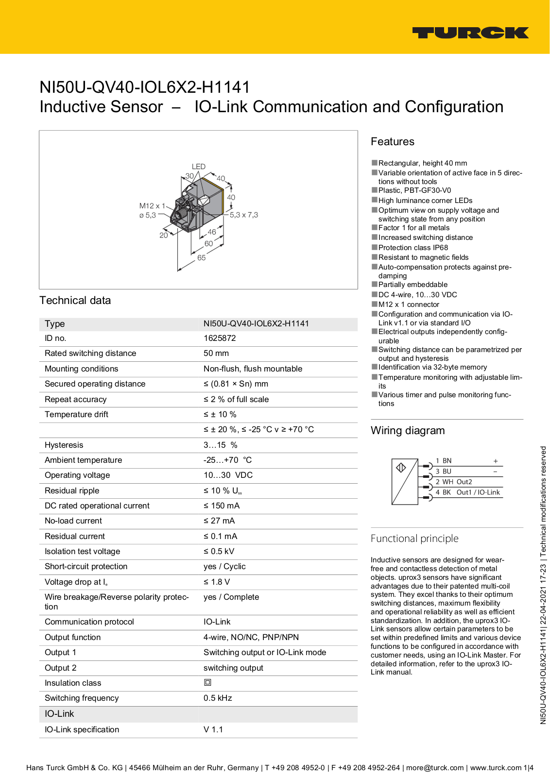 Turck NI50U-QV40-IOL6X2-H1141 Datasheet