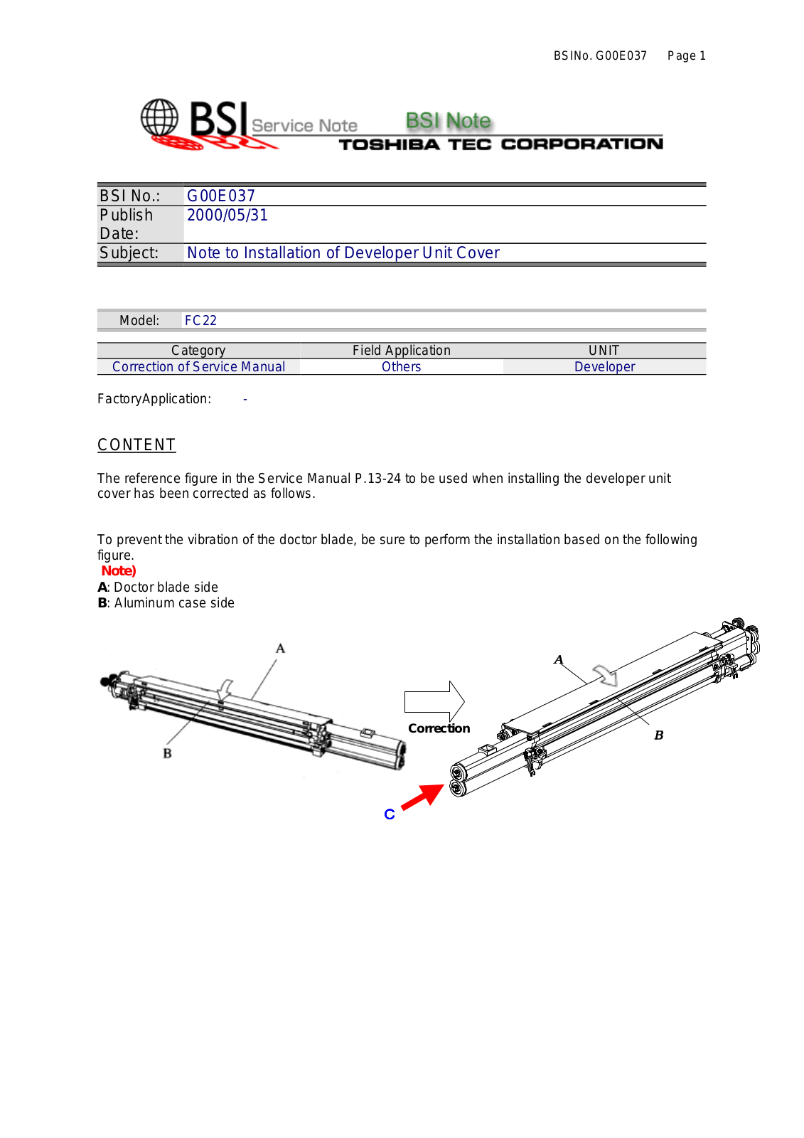 Toshiba G00E037 Service Note