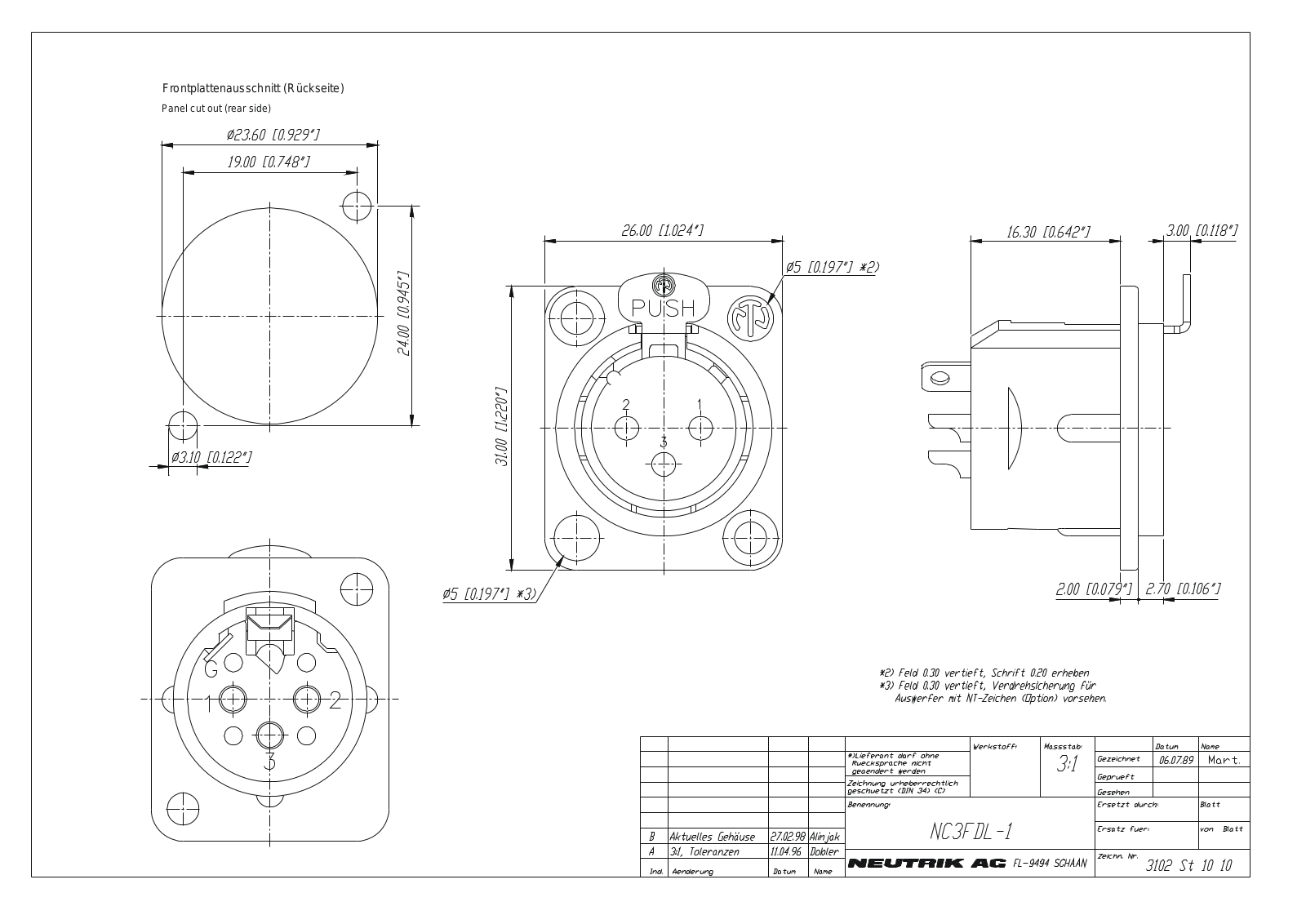 Neutrik NC3 FDL 1 Drawing manual